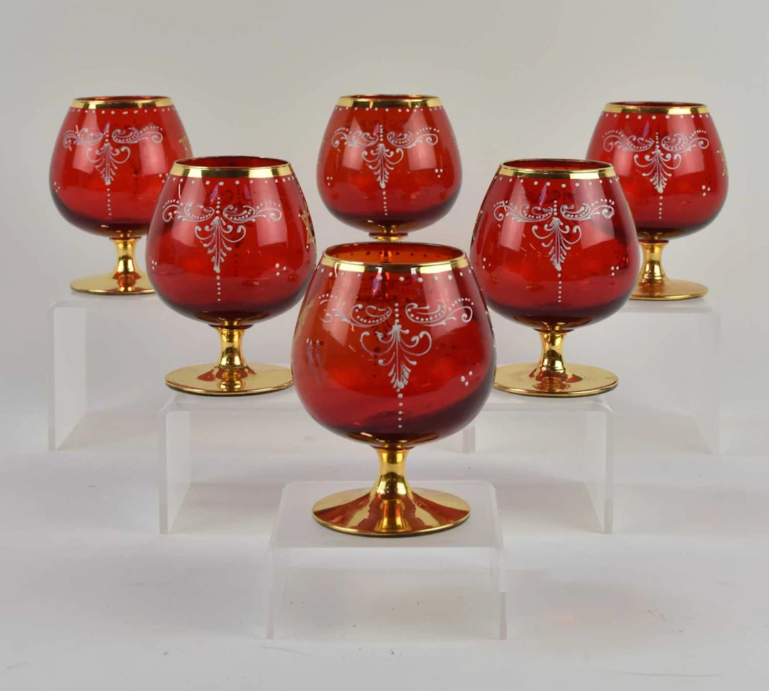 A set of six Judaica Kiddush red Venetian hand painted glass brandy snifters