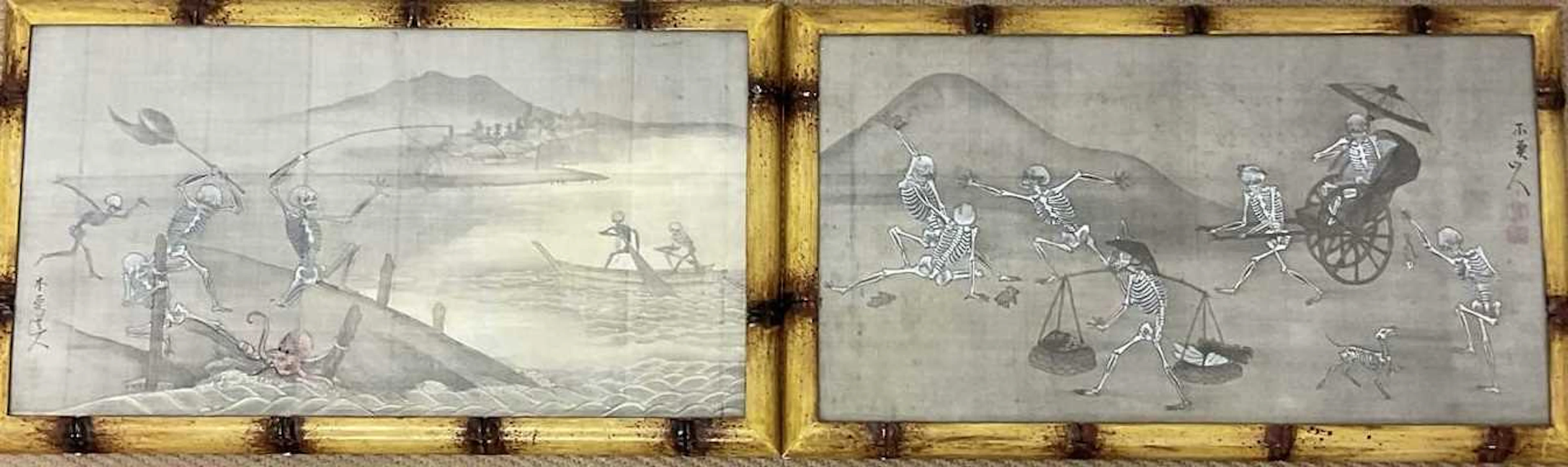 An unusual pair of Japanese Meiji period silk pictures depicting skeletons