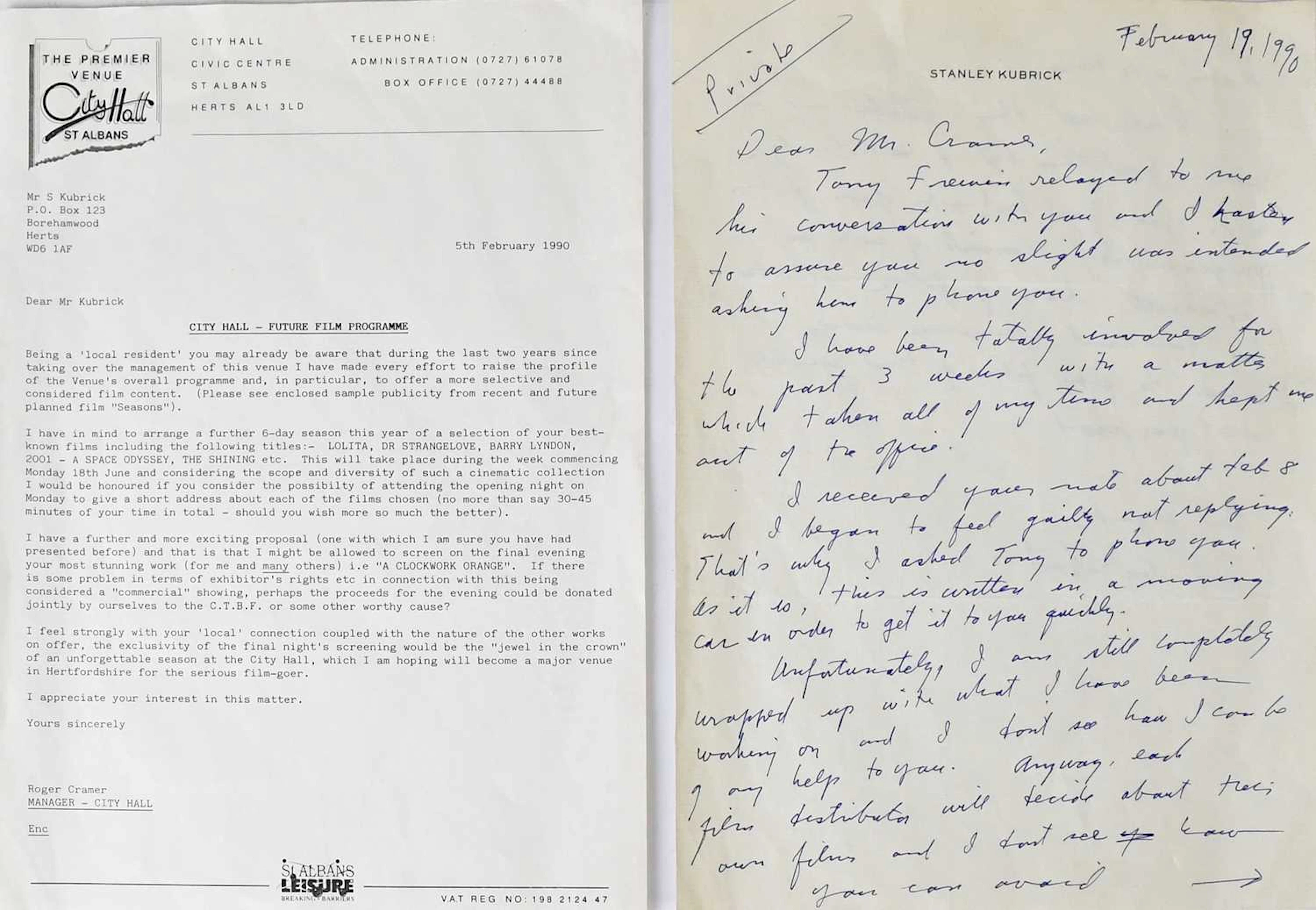 STANLEY KUBRICK; a handwritten letter on headed paper dated February 19