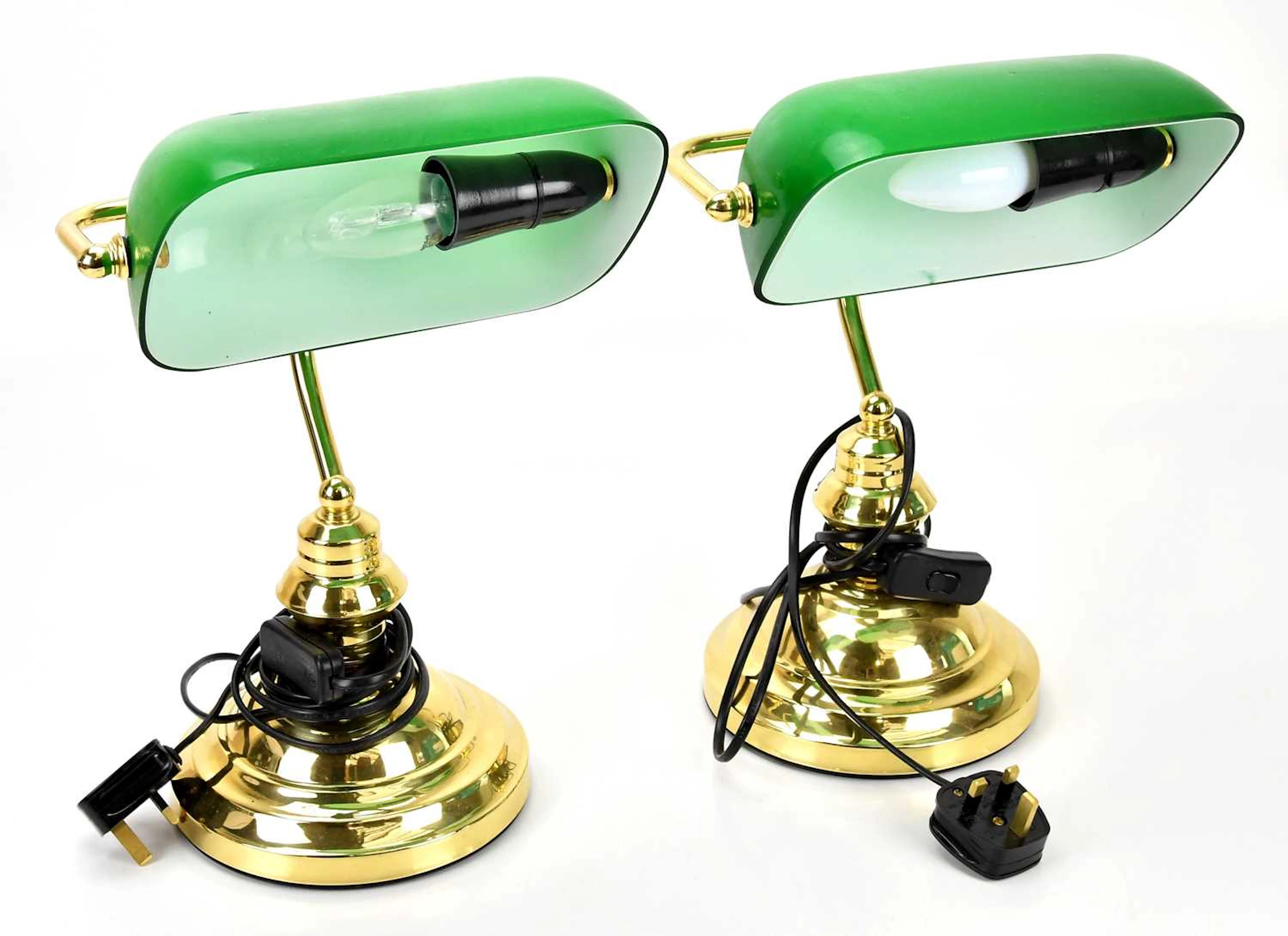 Two modern desk lamps with green glass shades (2)