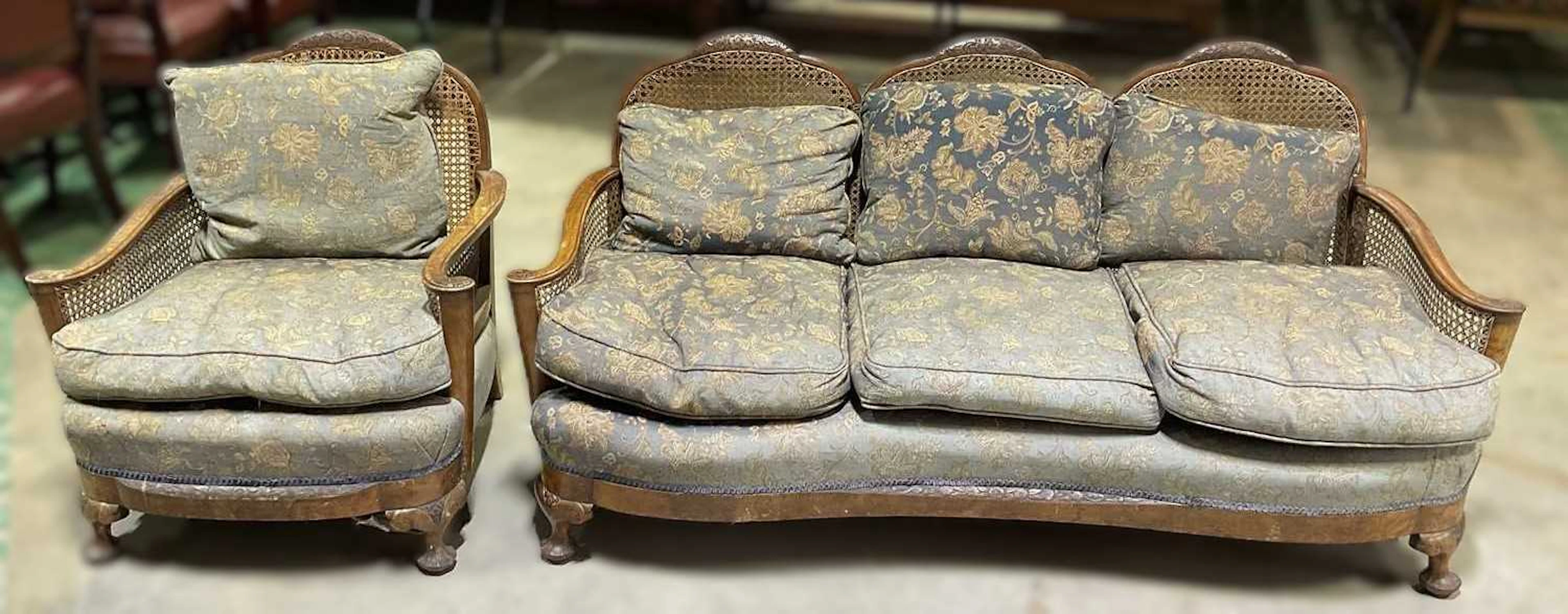 An early 20th century mahogany bergere upholstered sofa and matching armchair