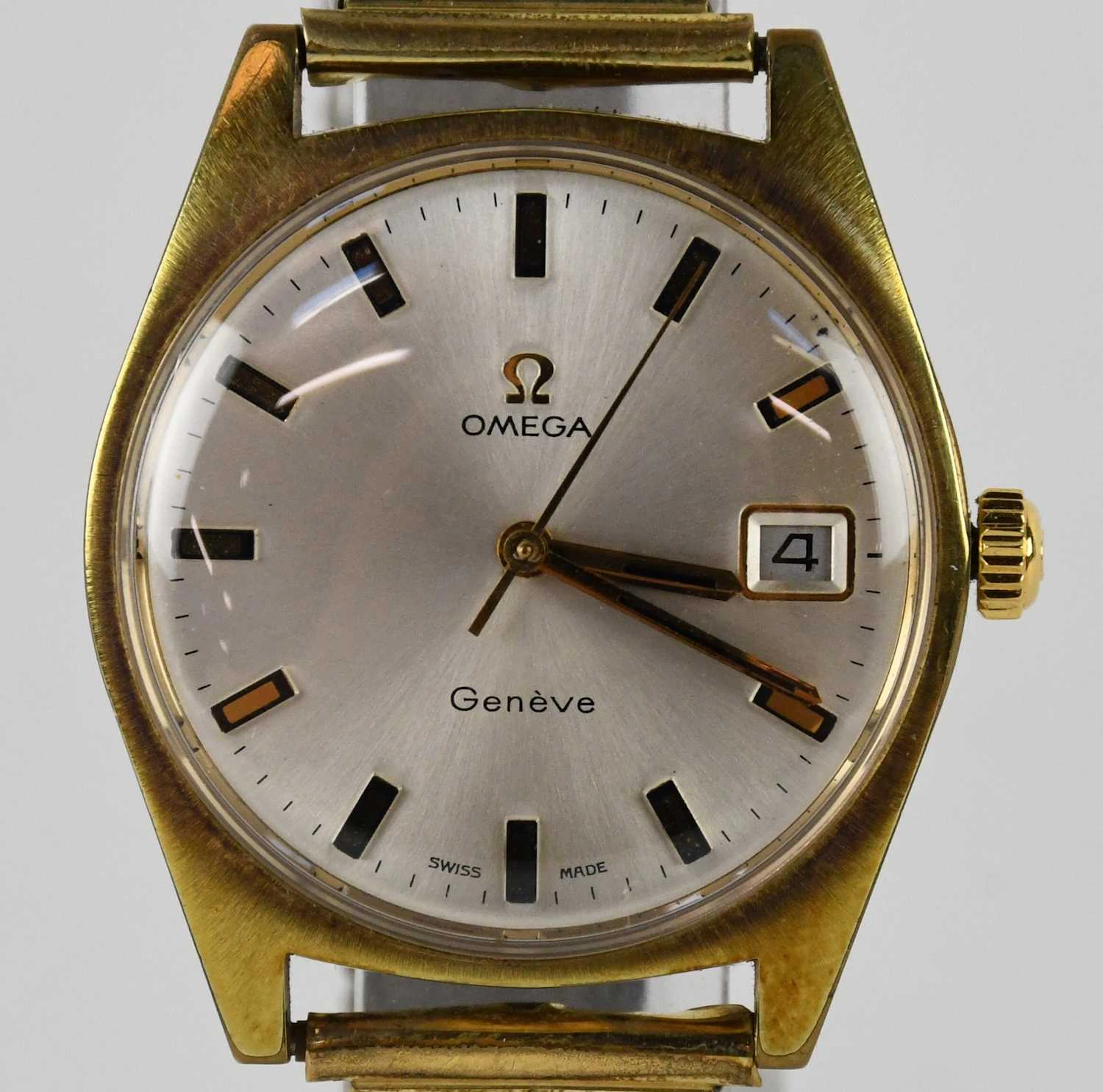 OMEGA; a vintage gentleman's gold plated stainless steel 'Geneve' wristwatch