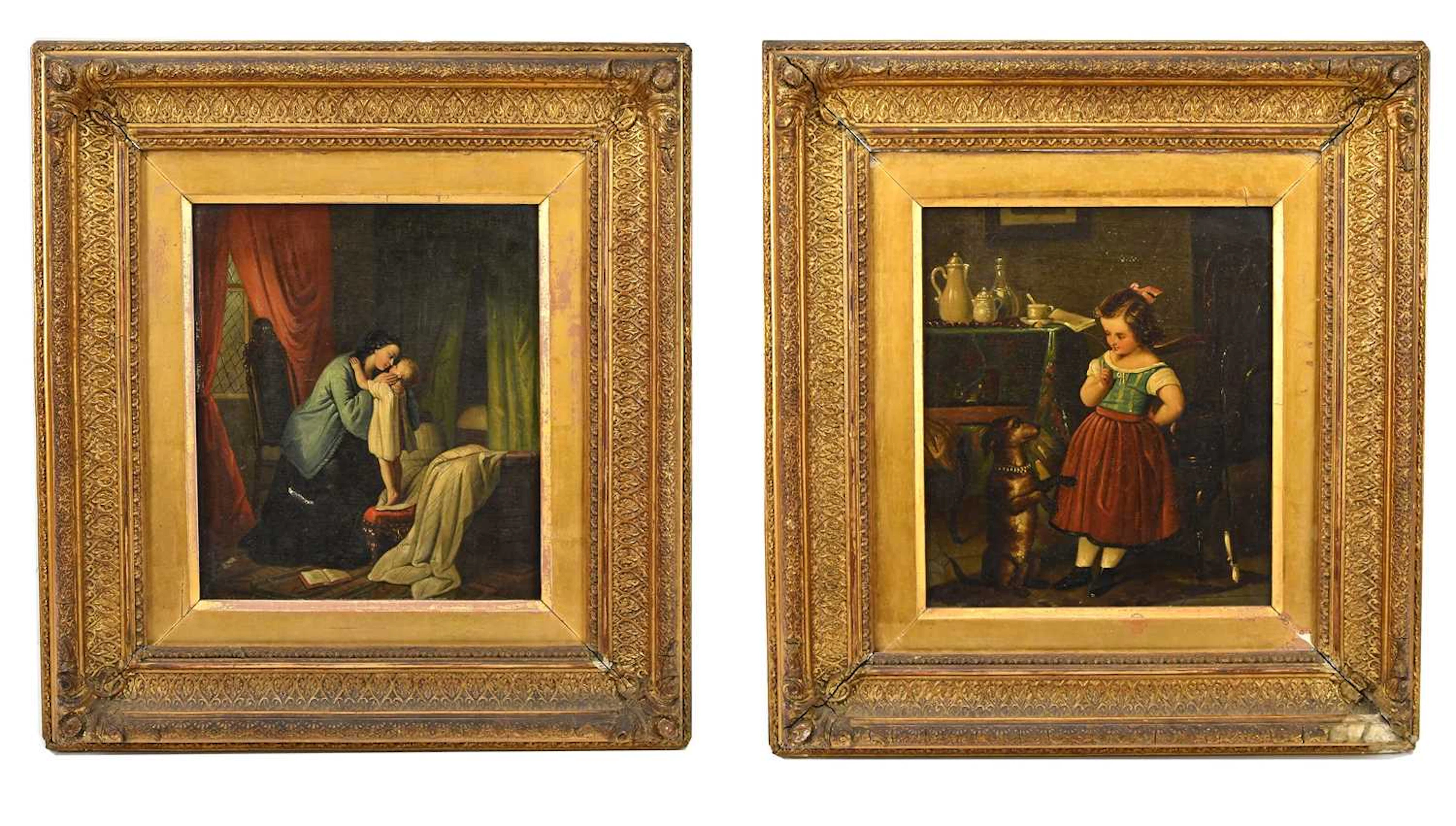 Two 19th century oils on canvas of a mother holding a child in bedroom scene
