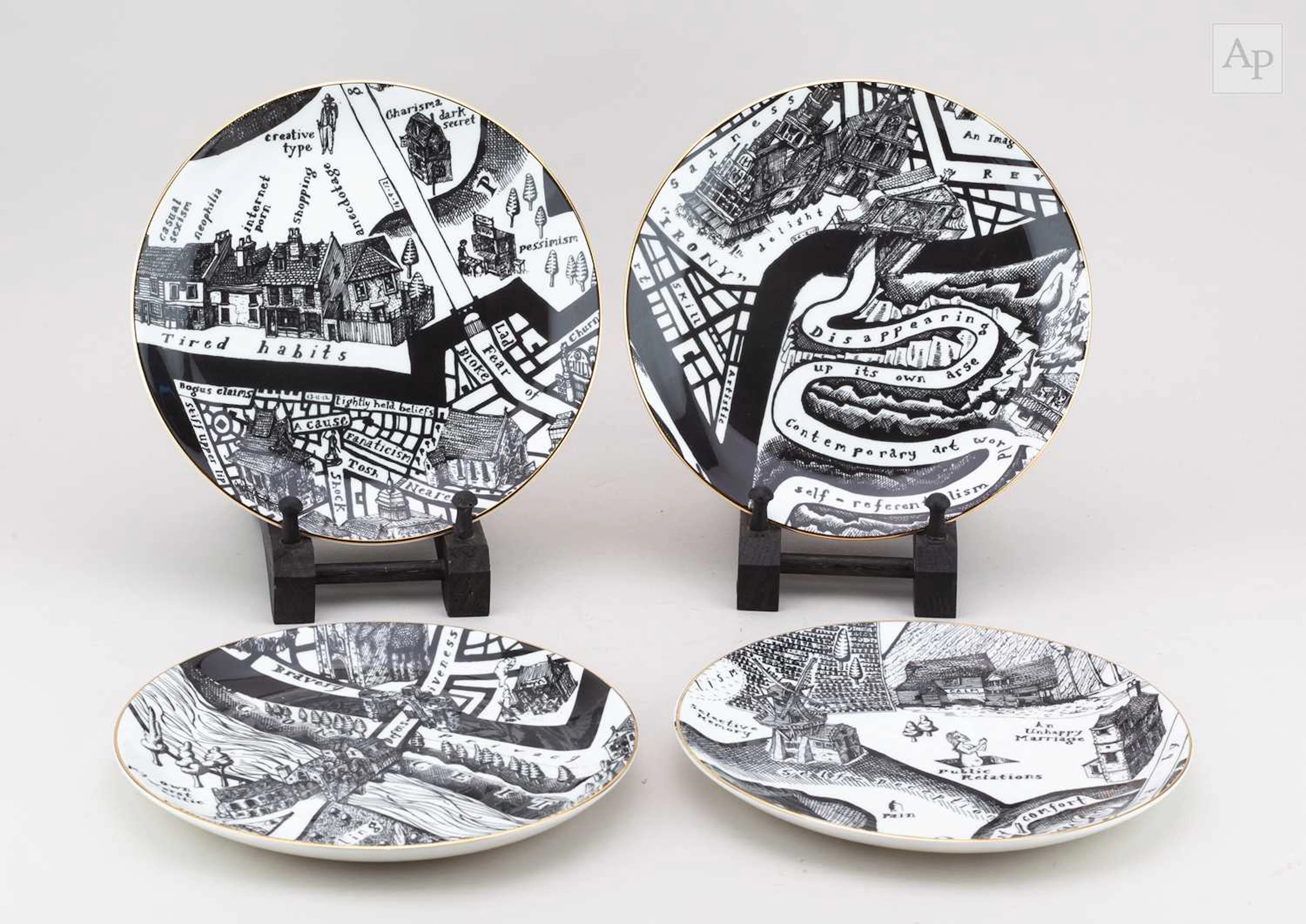 GRAYSON PERRY (born 1960); a set of four bone china 'Map...