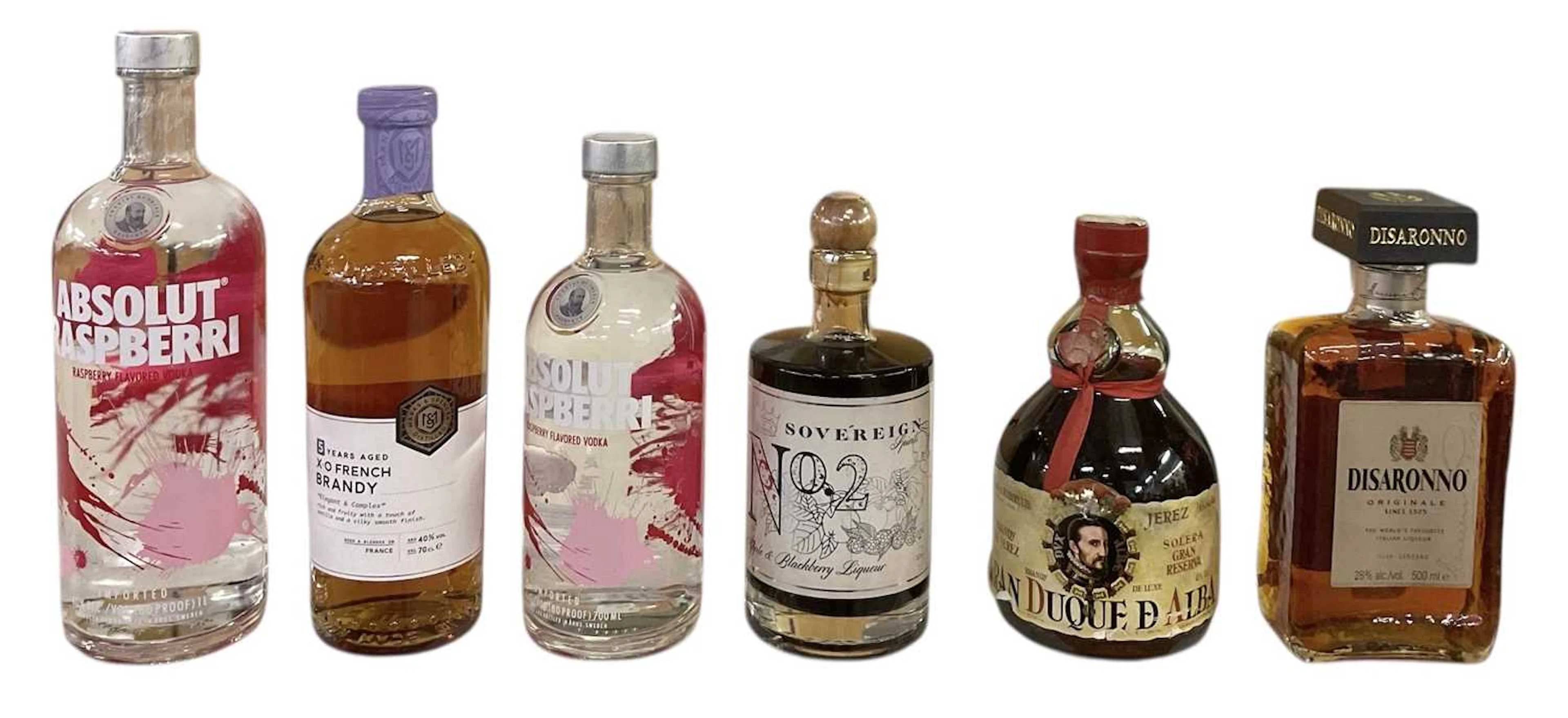 MIXED SPIRITS; six bottles comprising Absolut raspberry vodka
