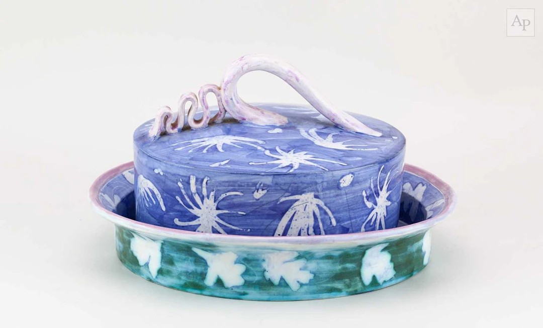 RUTH ACKER; a slip decorated earthenware cheese dome