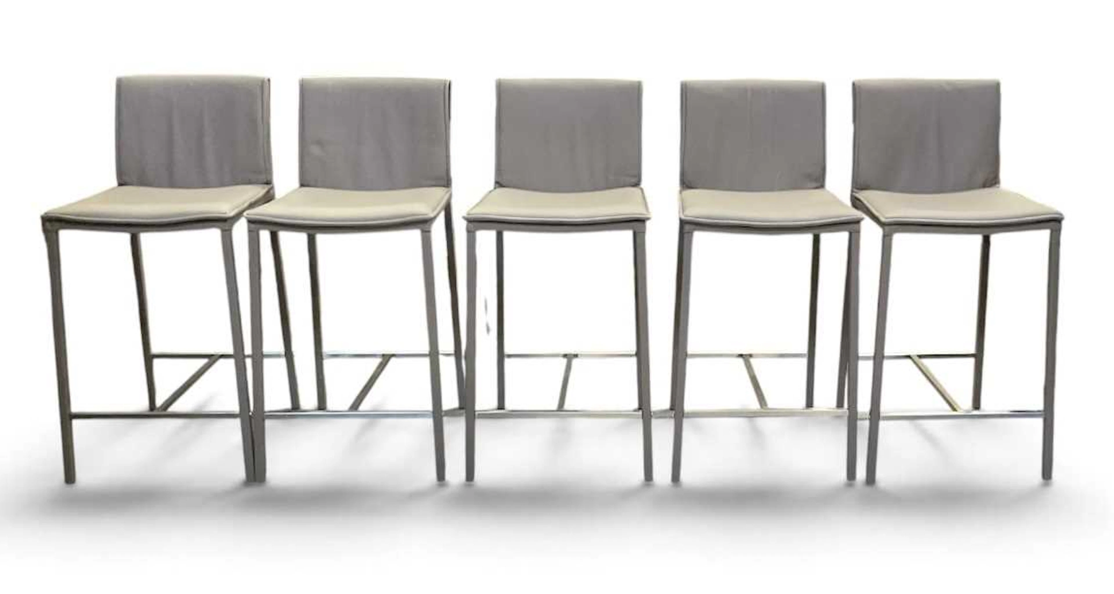 A set of five modern contemporary grey leather upholstered bar stools