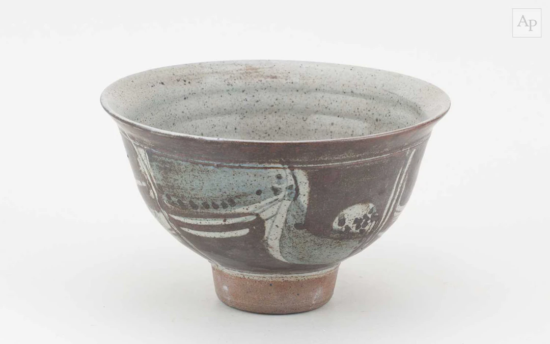 MICHAEL CASSON (1925-2003); a deep stoneware bowl decorated with a landscape
