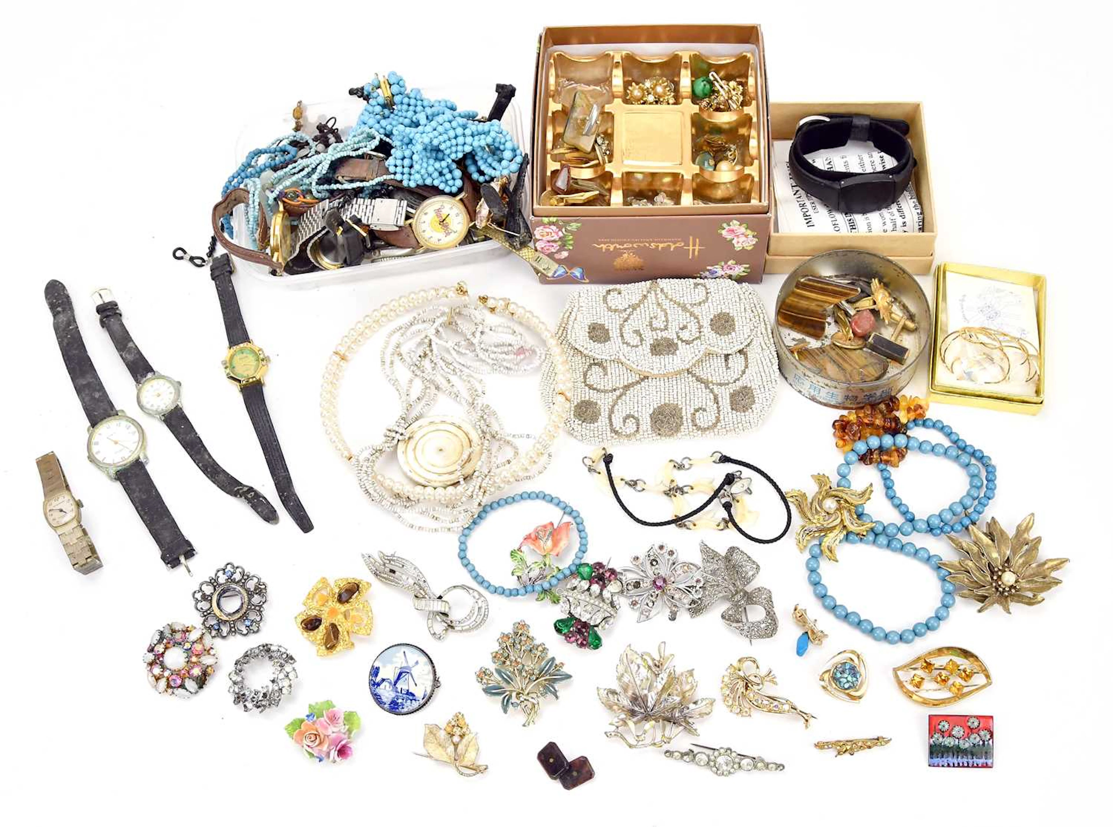 A collection of costume jewellery including bead necklaces