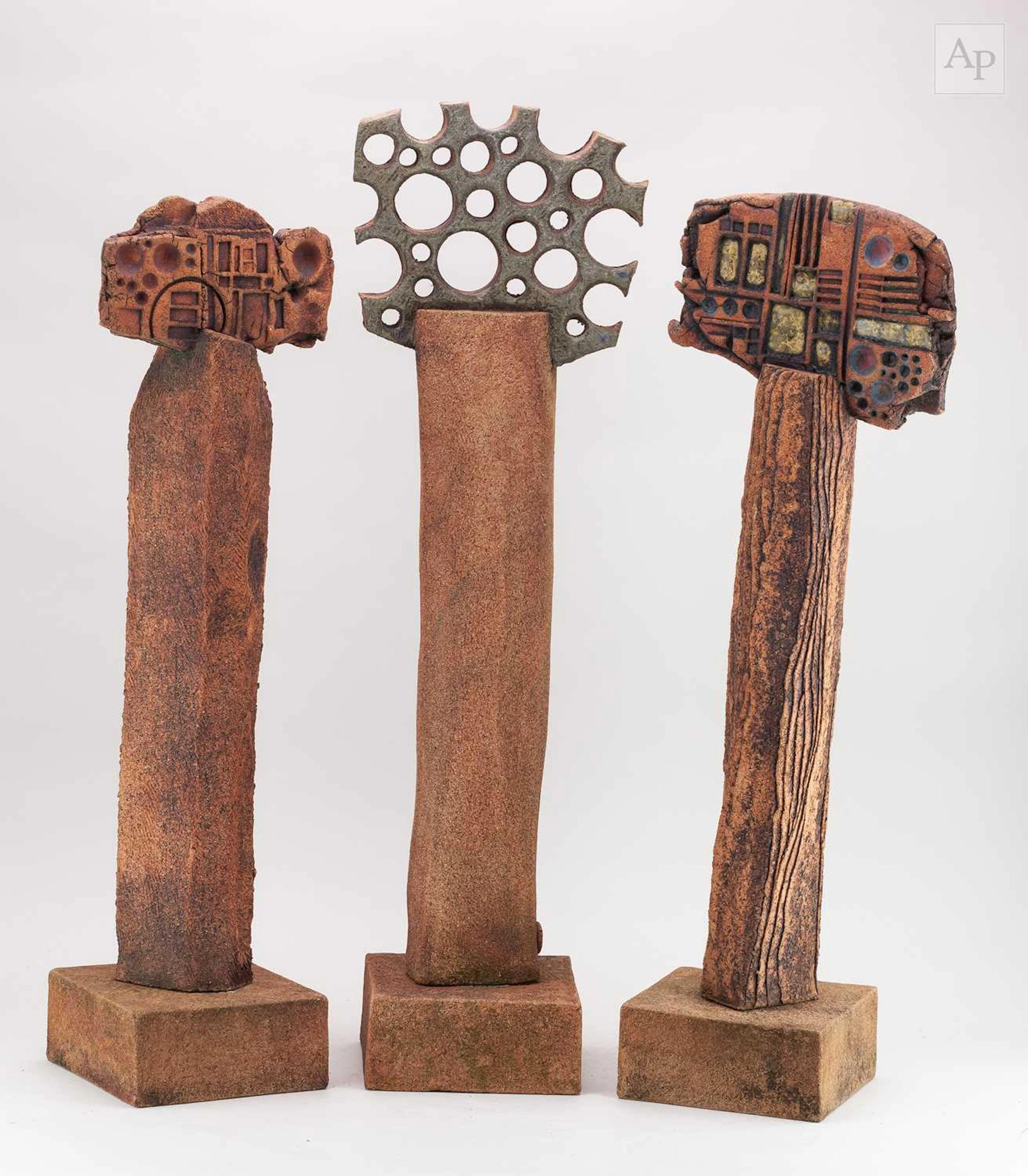 NIGEL EDMONDSON (1941-2025); a trio of stoneware totemic sculptures