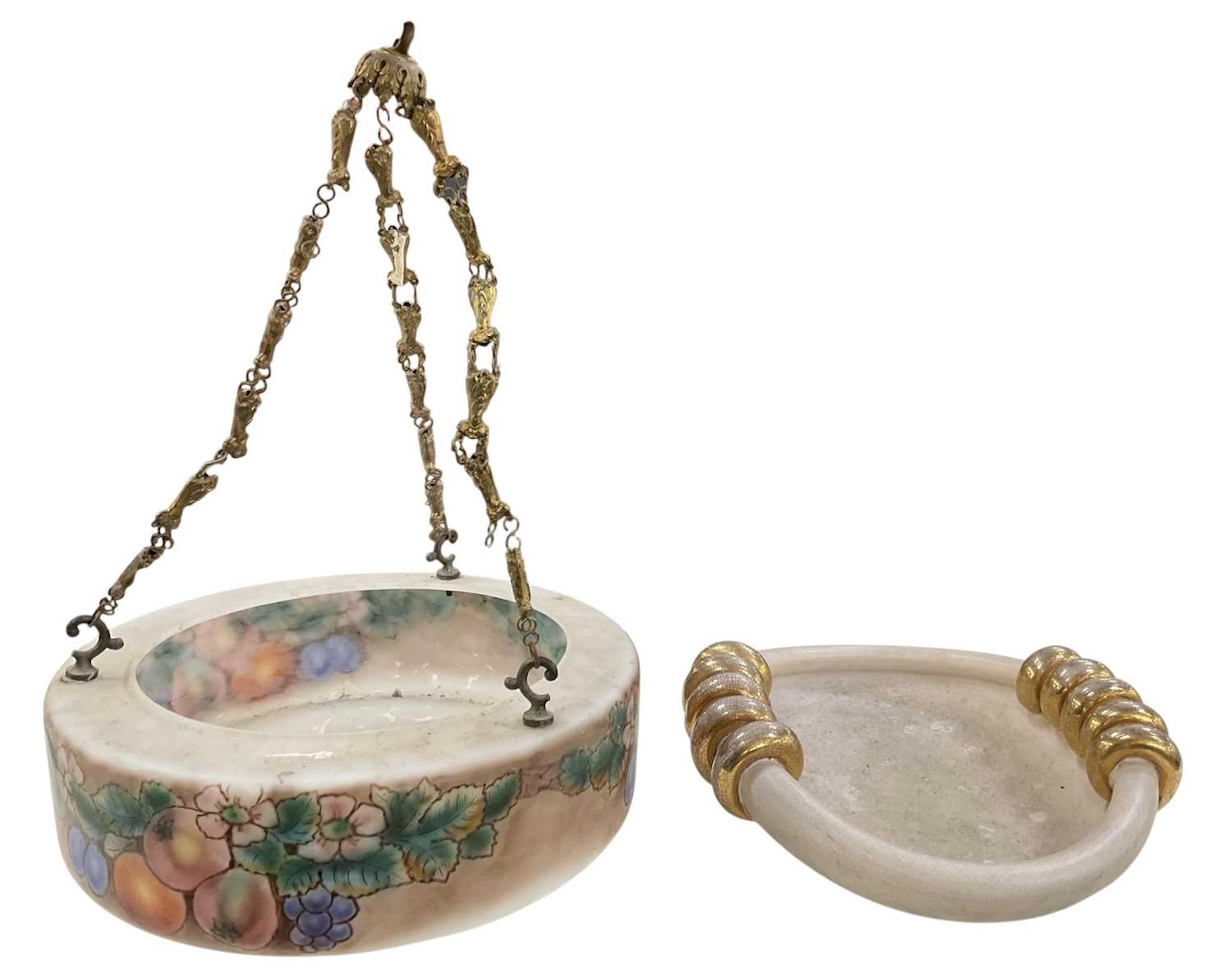 An early 20th century hand painted frosted art glass plafonnier
