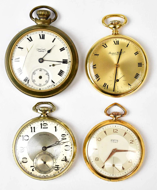 Four gold-plated open face crown wind pocket watches