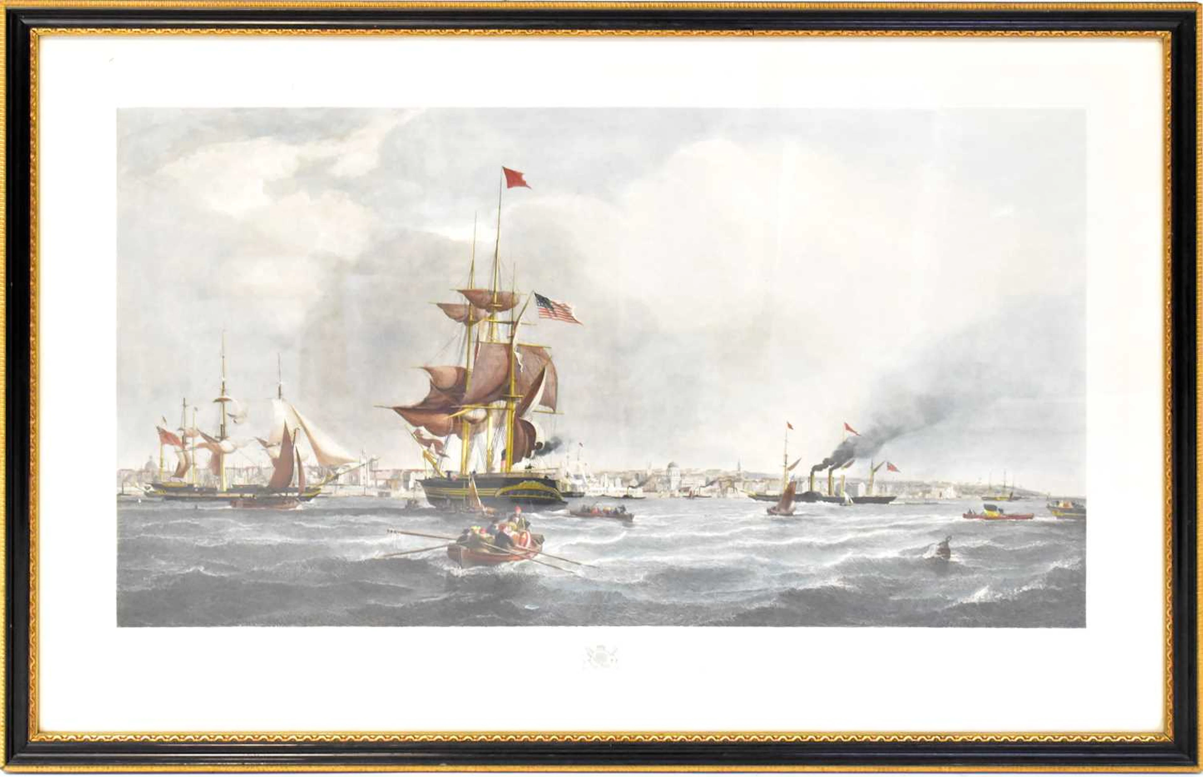 AFTER GEORGE CHAMBERS; coloured engraving 'The Port of Liverpool'