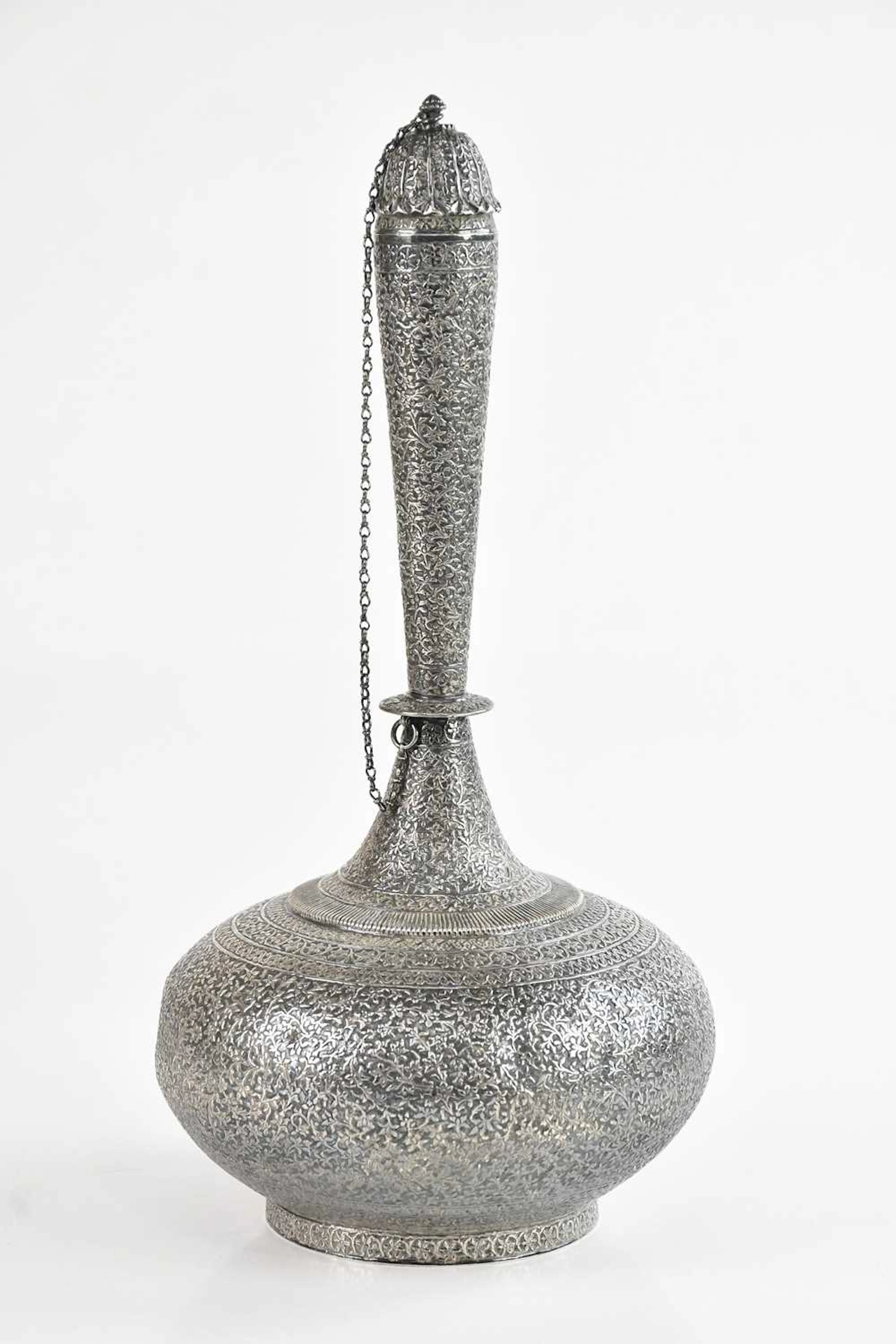 A Persian silver rose water vase and chained cover