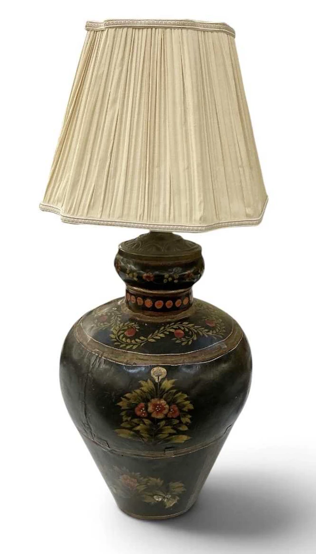 A modern hand painted florally decorated metal baluster form table lamp
