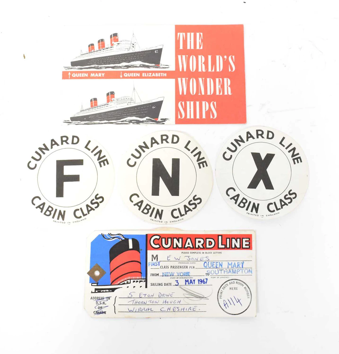 CUNARD LINE; a Queen Mary first class New York to Southampton luggage tag