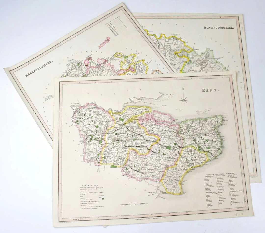 Sixteen mid-19th century hand-coloured maps