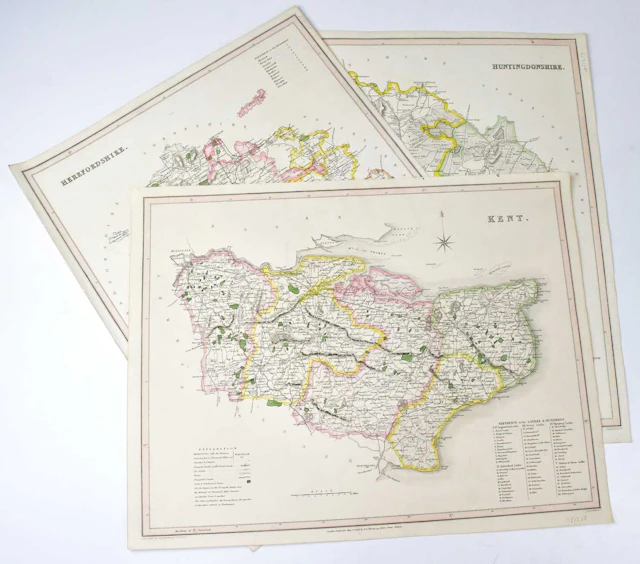 Sixteen mid-19th century hand-coloured maps