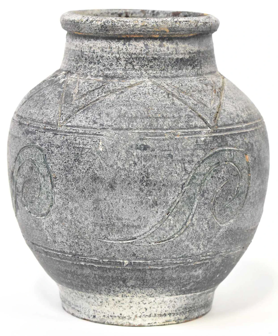 TROIKA; a grey ground baluster vase with incised line and scroll decoration