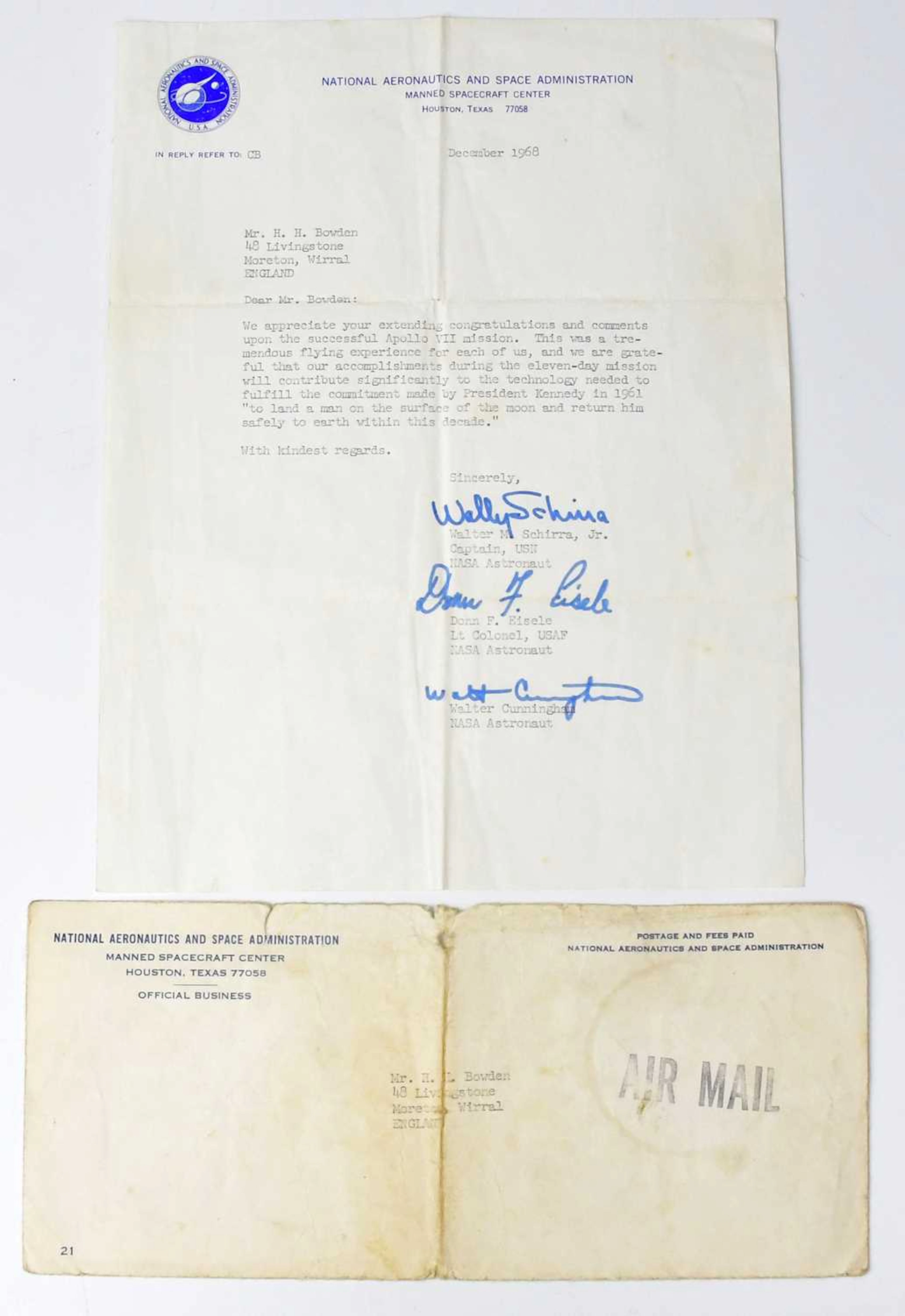 NASA APOLLO VII; a letter from NASA dated December 1968