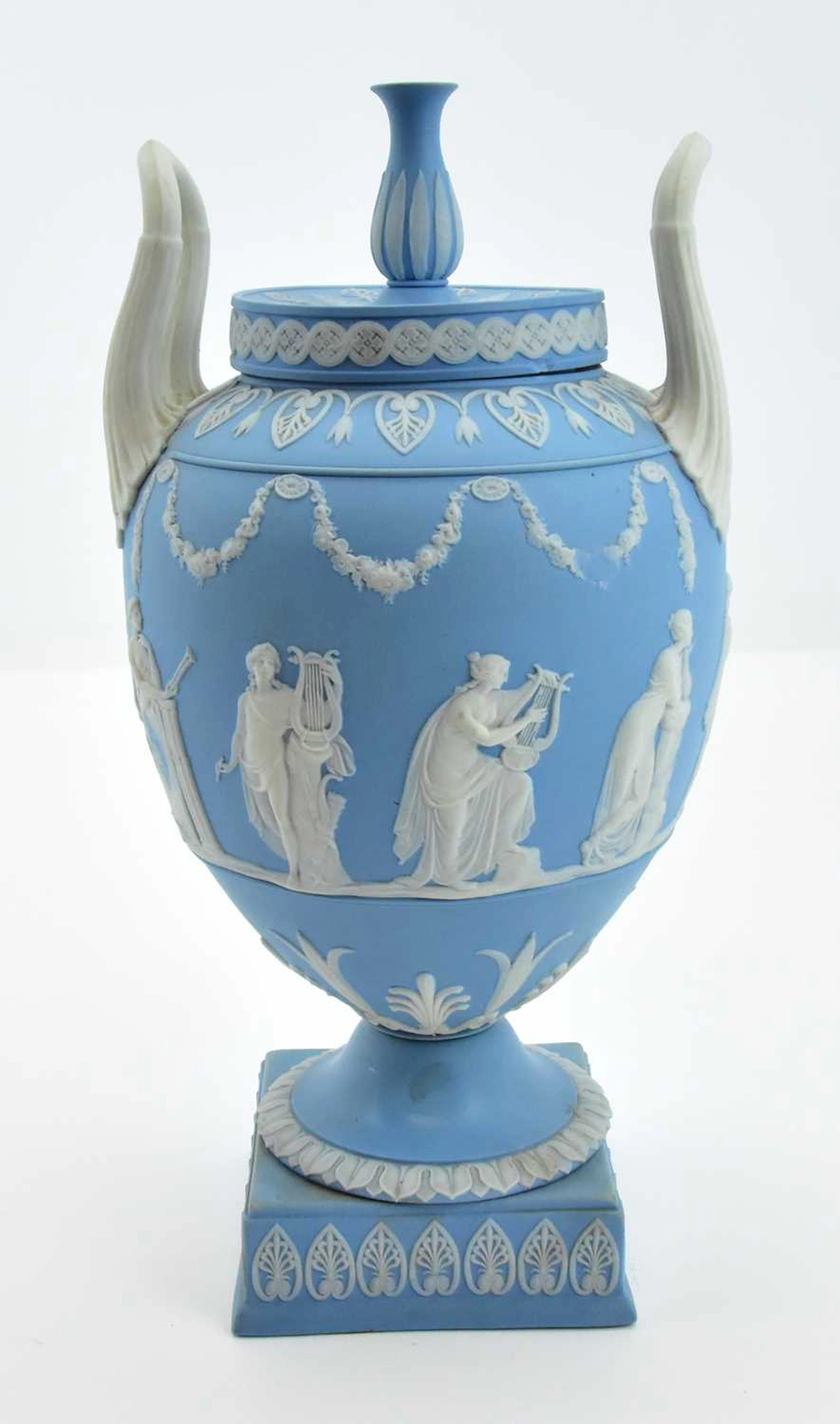 WEDGWOOD; a late 19th/early 20th century pale blue jasperware lidded urn