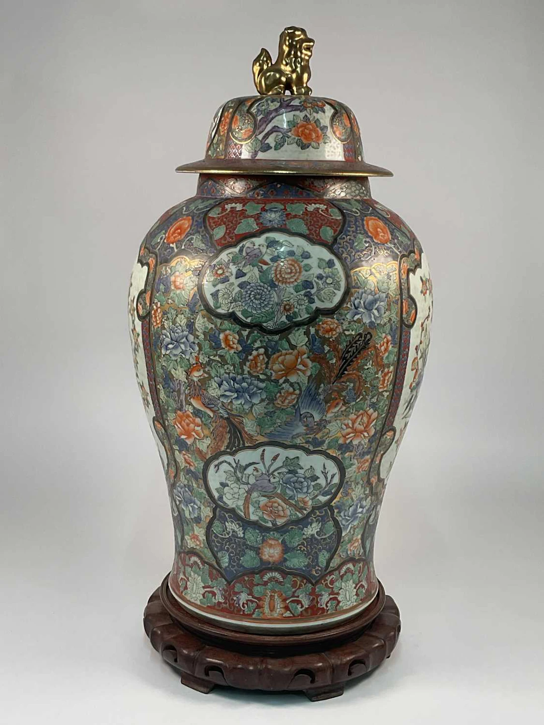 A Japanese large Imari style ceramic lidded temple jar...