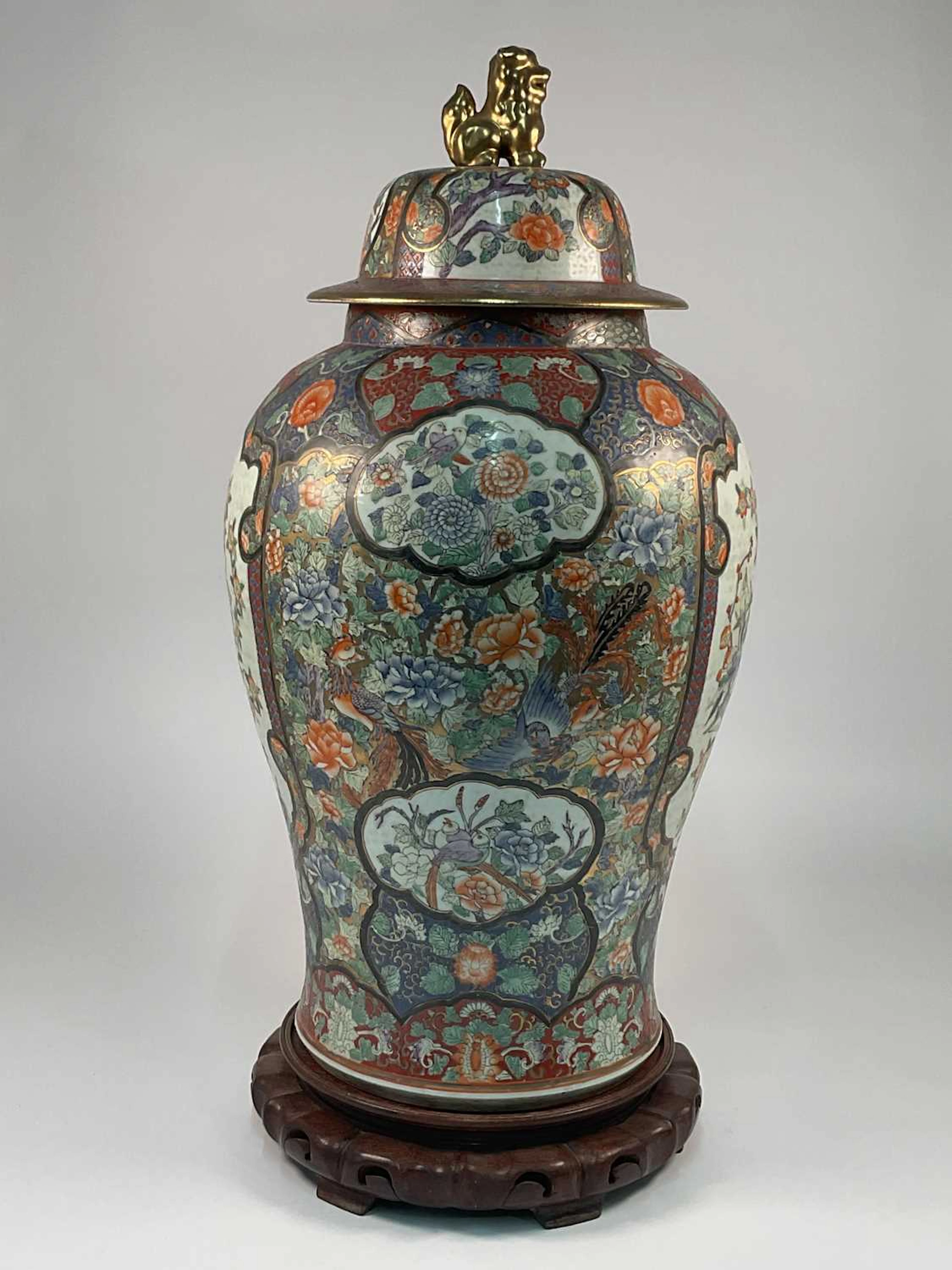 A Japanese large Imari style ceramic lidded temple jar...