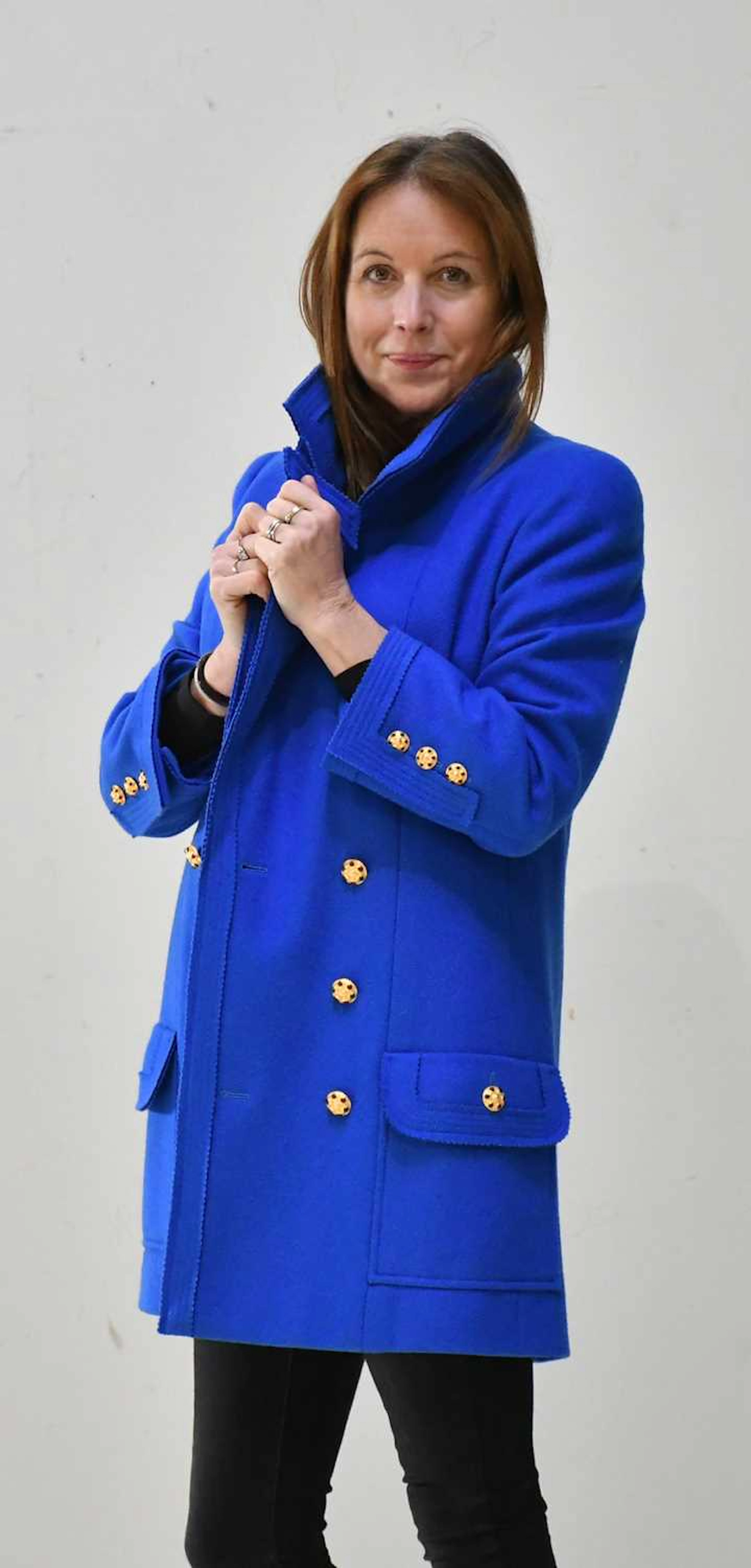 CHANEL; a royal blue vintage 100% wool tweed double-breasted coat