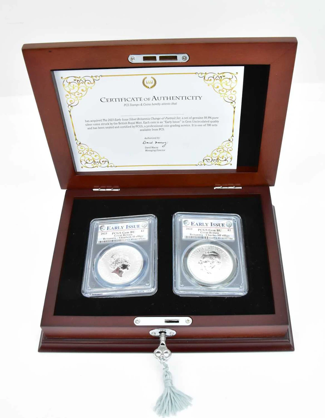 DANBURY MINT; two early issue UK silver Britannia crowns with £2 denomination