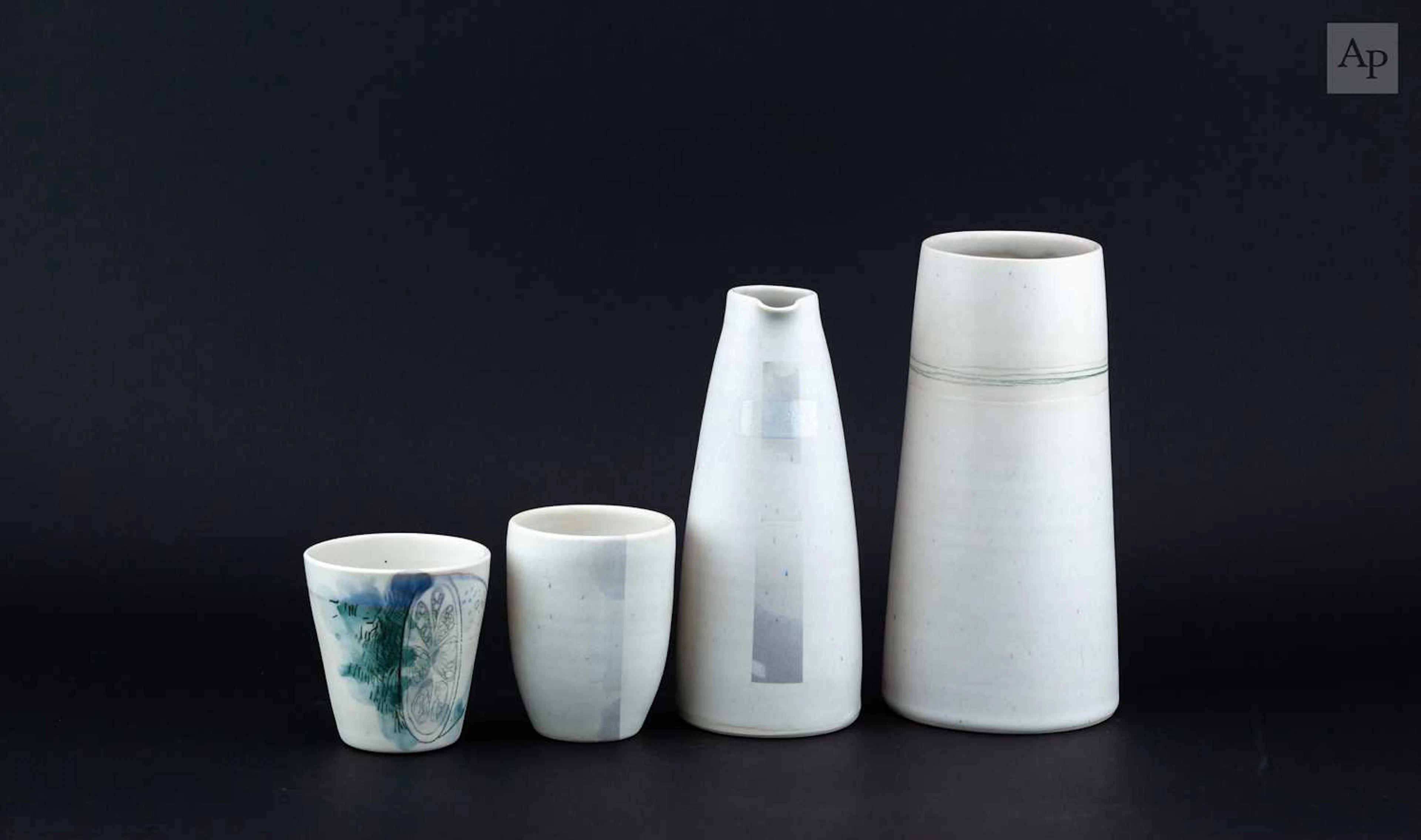 VICTORIA BRYAN; a group of porcelain vessels decorated with drawings and enamels