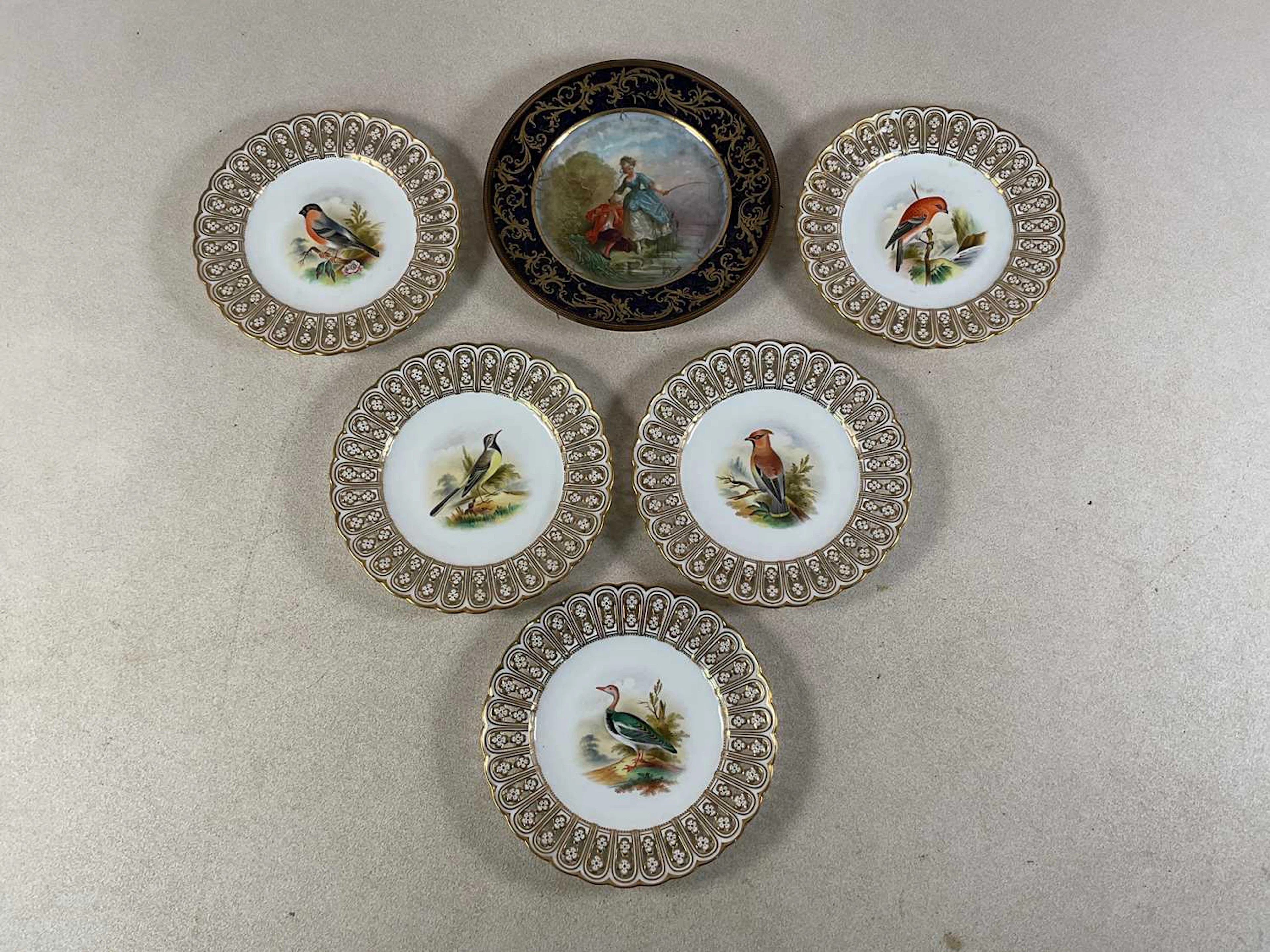A set of five 19th century English hand painted ornithological cabinet plates