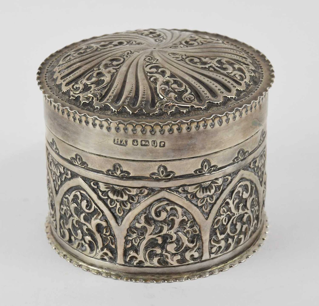 ATKIN BROS; a Victorian hallmarked silver circular lidded pot