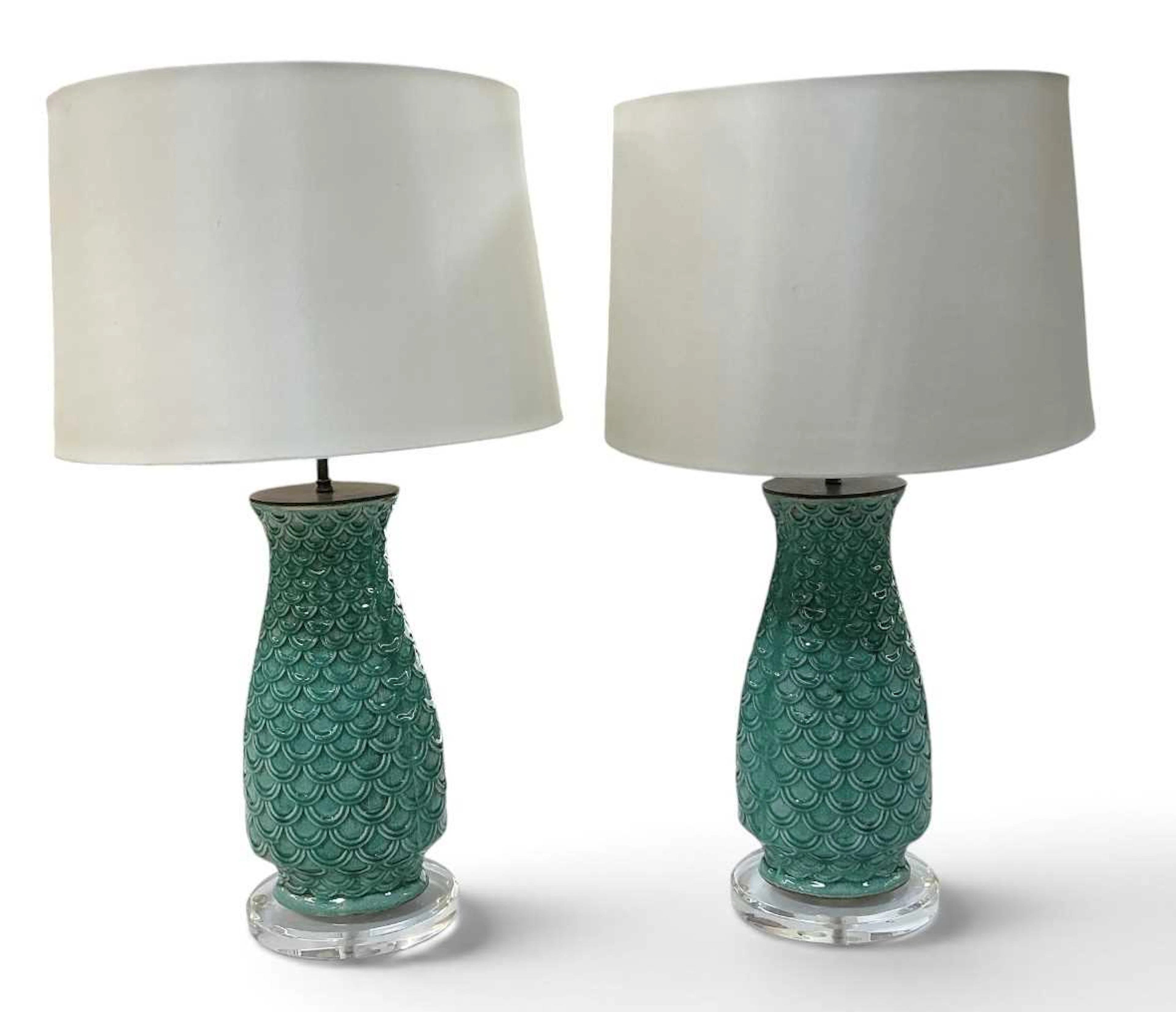 A pair of modern turquoise glazed majolica type baluster form table lamps