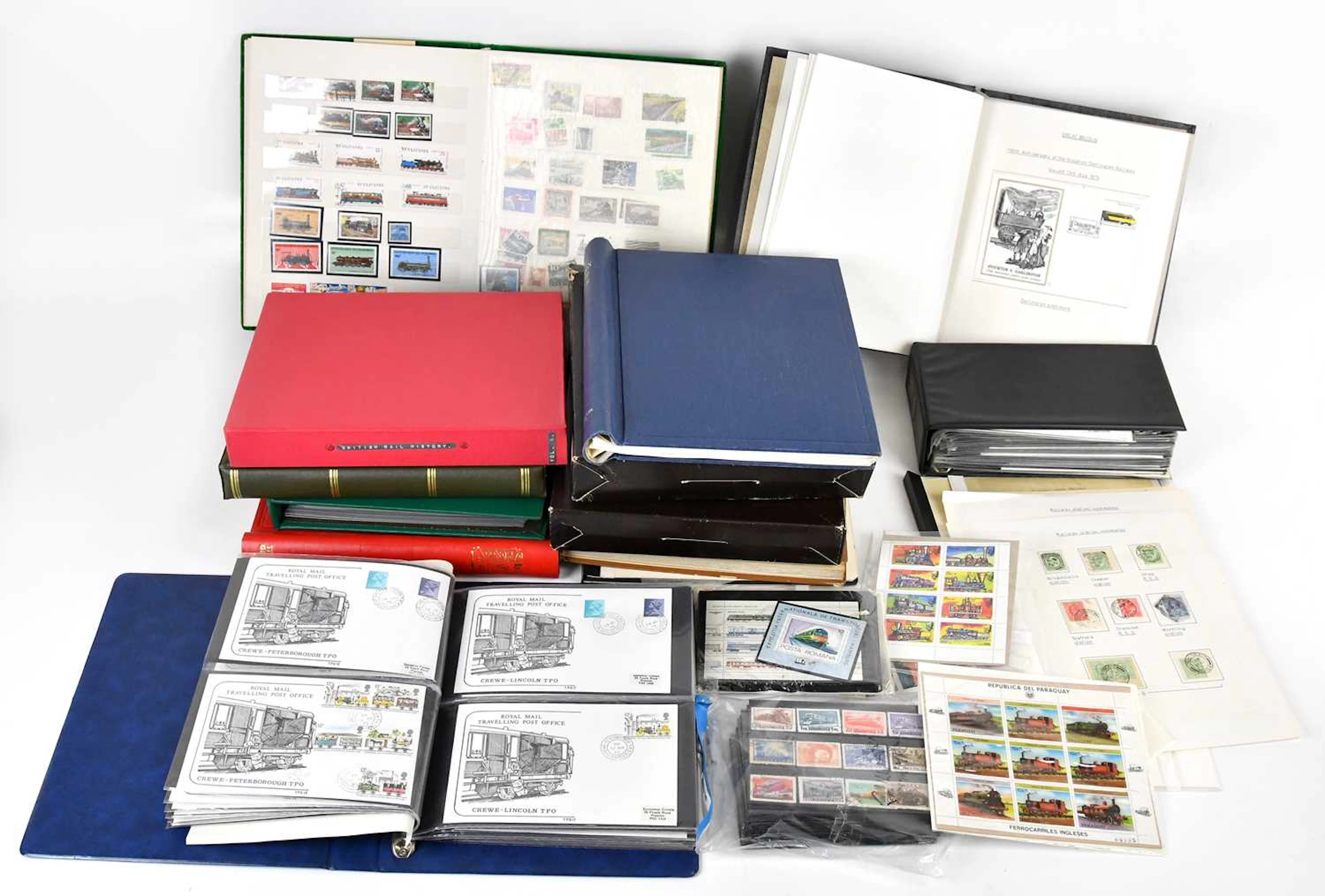 RAILWAY TOPIC; with thirteen albums of stamps and covers...