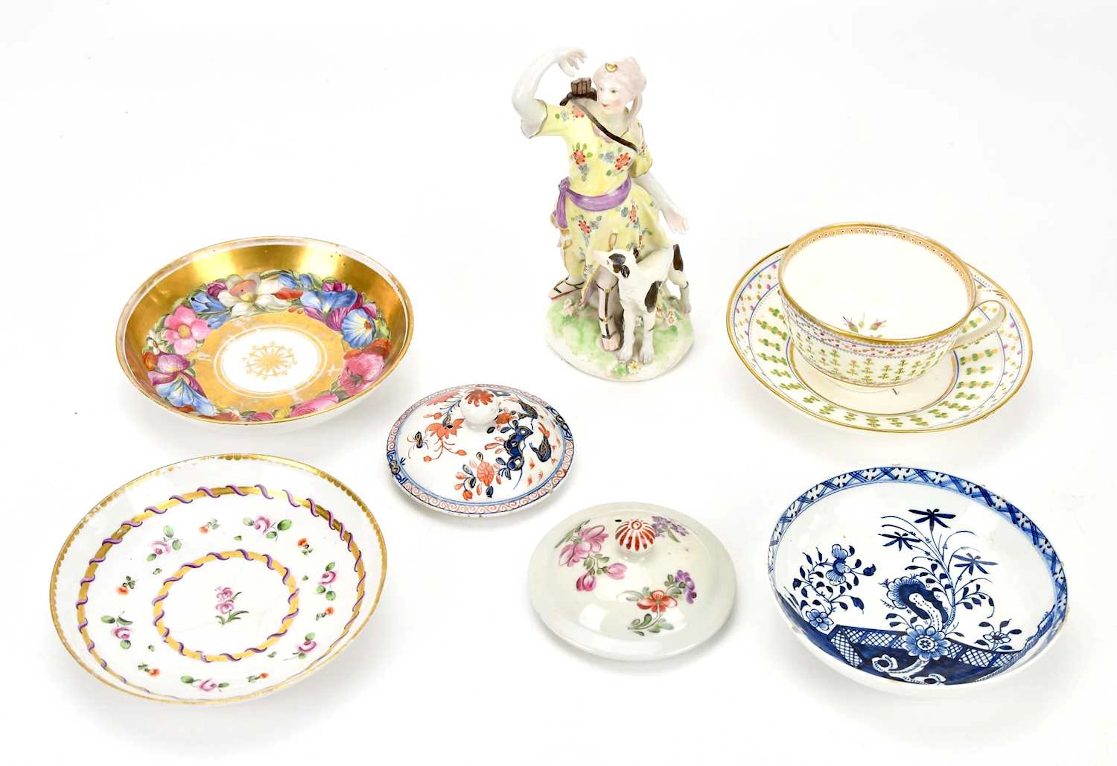 A small collection of ceramics comprising an 18th century Derby figure of Diana