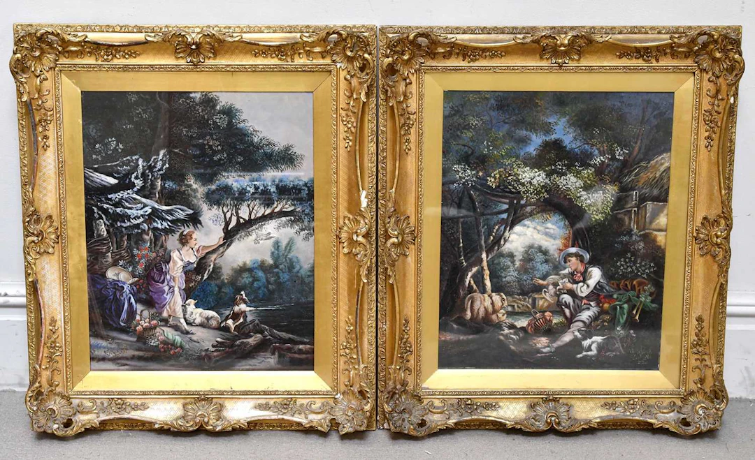 Paintings - a shepherd and a shepherdess with sheep