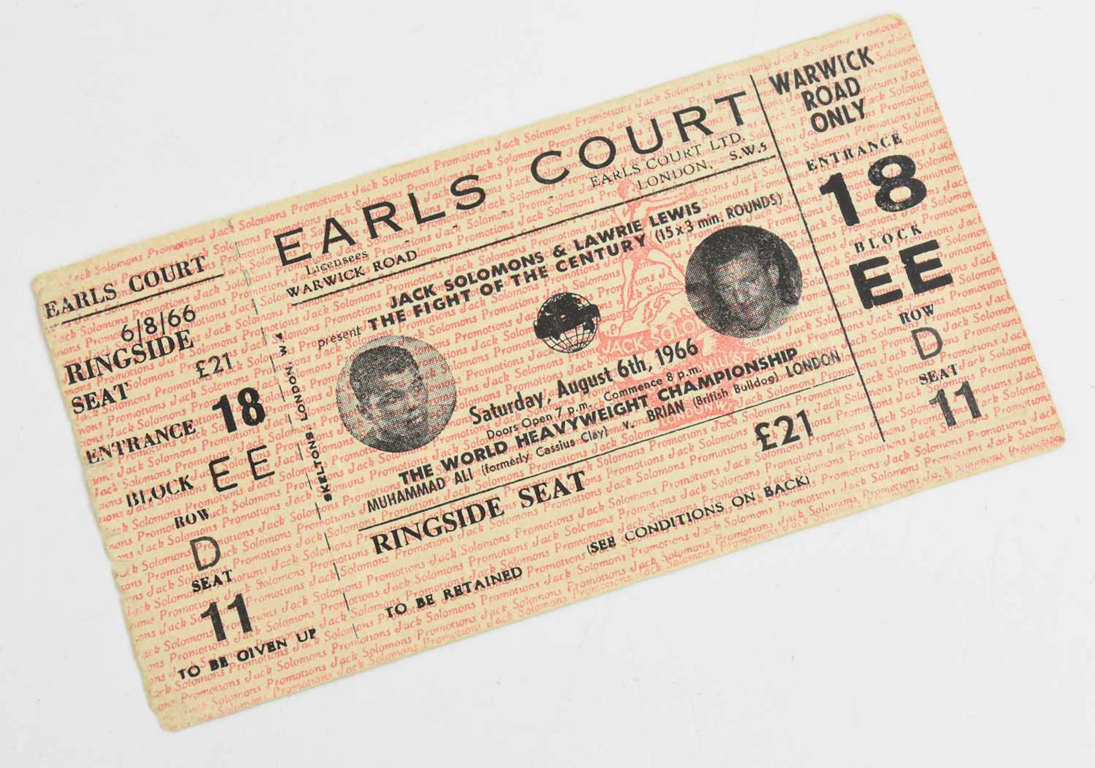 BOXING INTEREST; an original ticket Muhammad Ali vs Brian (British Bulldog)