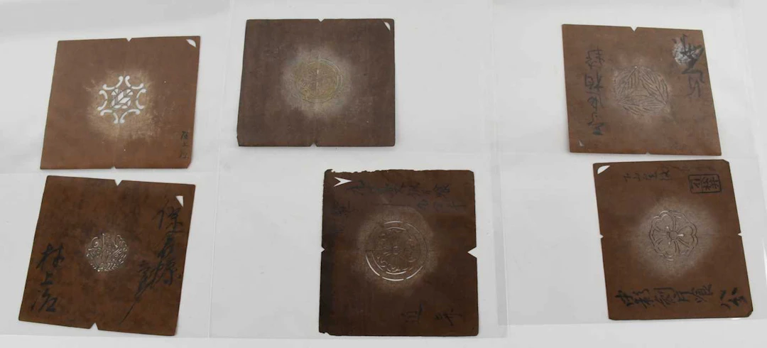 Six antique Japanese stencil or pattern sheets