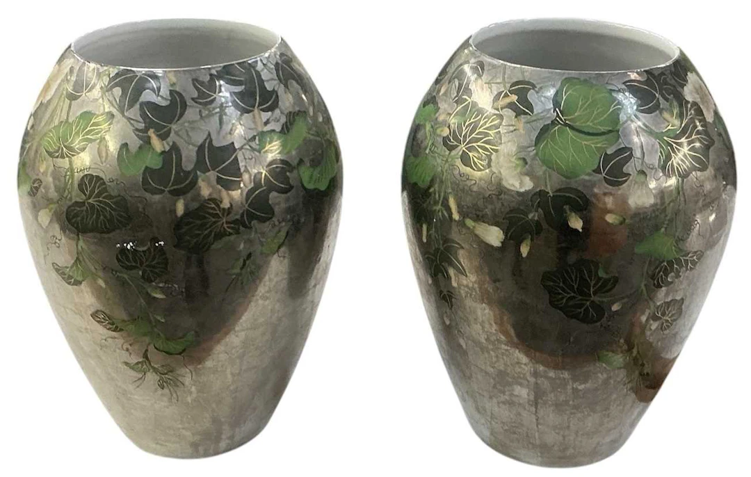 TAKADA; a pair of modern contemporary 'Water Lily' pattern drum vases
