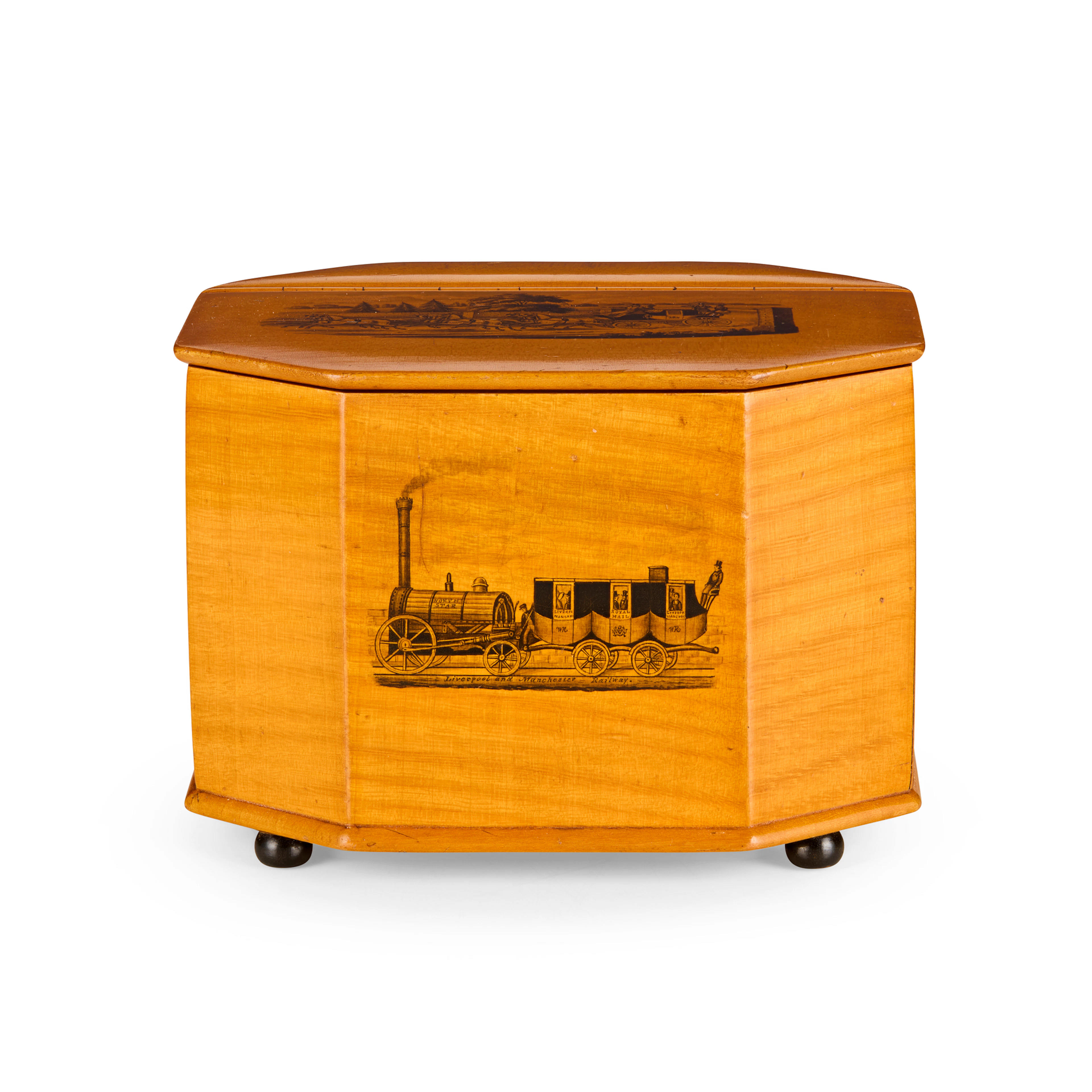 AN UNUSUAL MAUCHLINE WARE SYCAMORE AND BLACK INK TEA CADDY