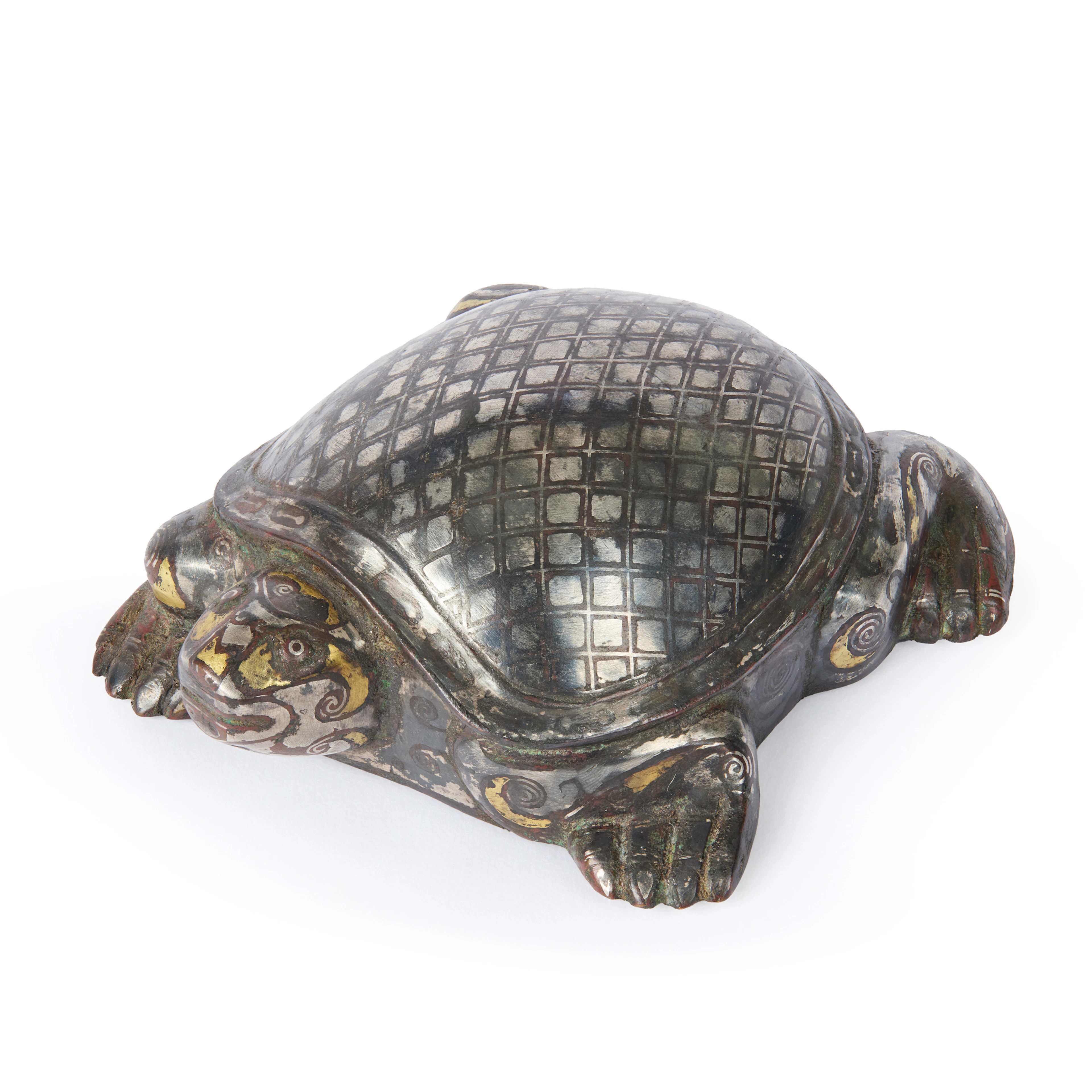 CHINESE ARCHAISTIC GOLD AND SILVER-INLAID BRONZE TORTOISE WEIGHT
