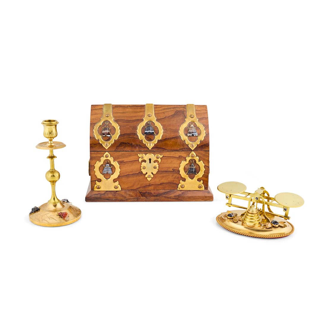 GOTHIC REVIVAL BRASS AND AGATE MOUNTED 'BEE' DESK SET, CHARLES ASPREY & SON