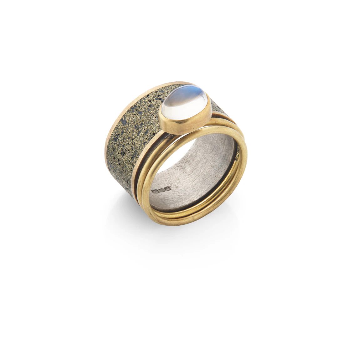 Wendy Ramshaw: A silver, gold and moonstone ring stack, 1996 and 2000