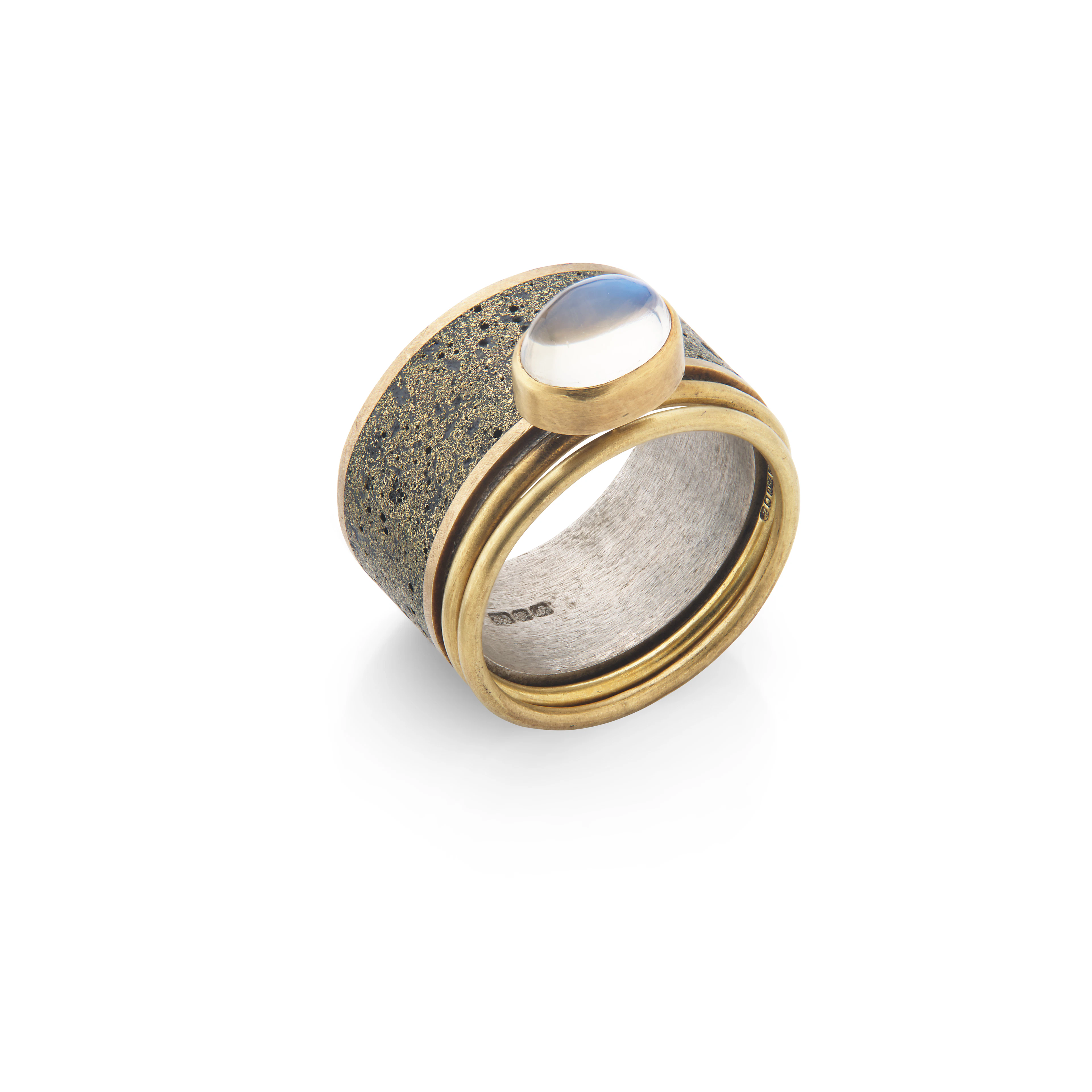 Wendy Ramshaw: A silver, gold and moonstone ring stack, 1996 and 2000