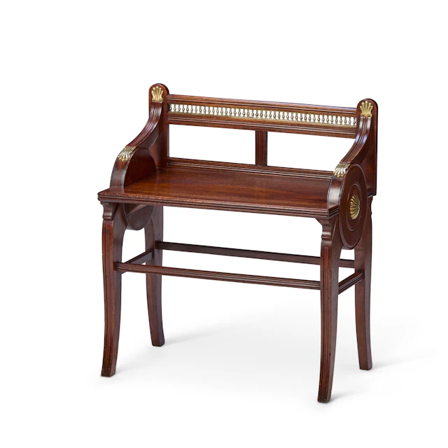 VICTORIAN MAHOGANY AND BRASS MOUNTED HALL BENCH, BY JAMES SHOOLBRED