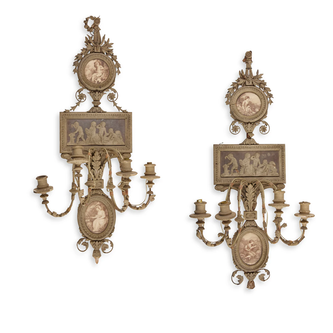 PAIR OF GEORGE III PAINTED WOOD AND GESSO FOUR BRANCH WALL APPLIQUES