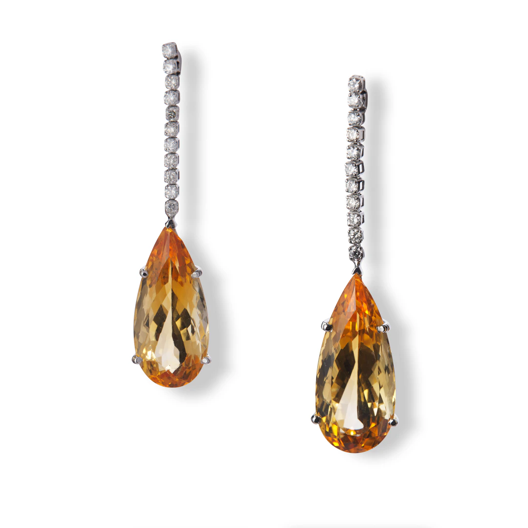A pair of citrine and diamond pendent earrings