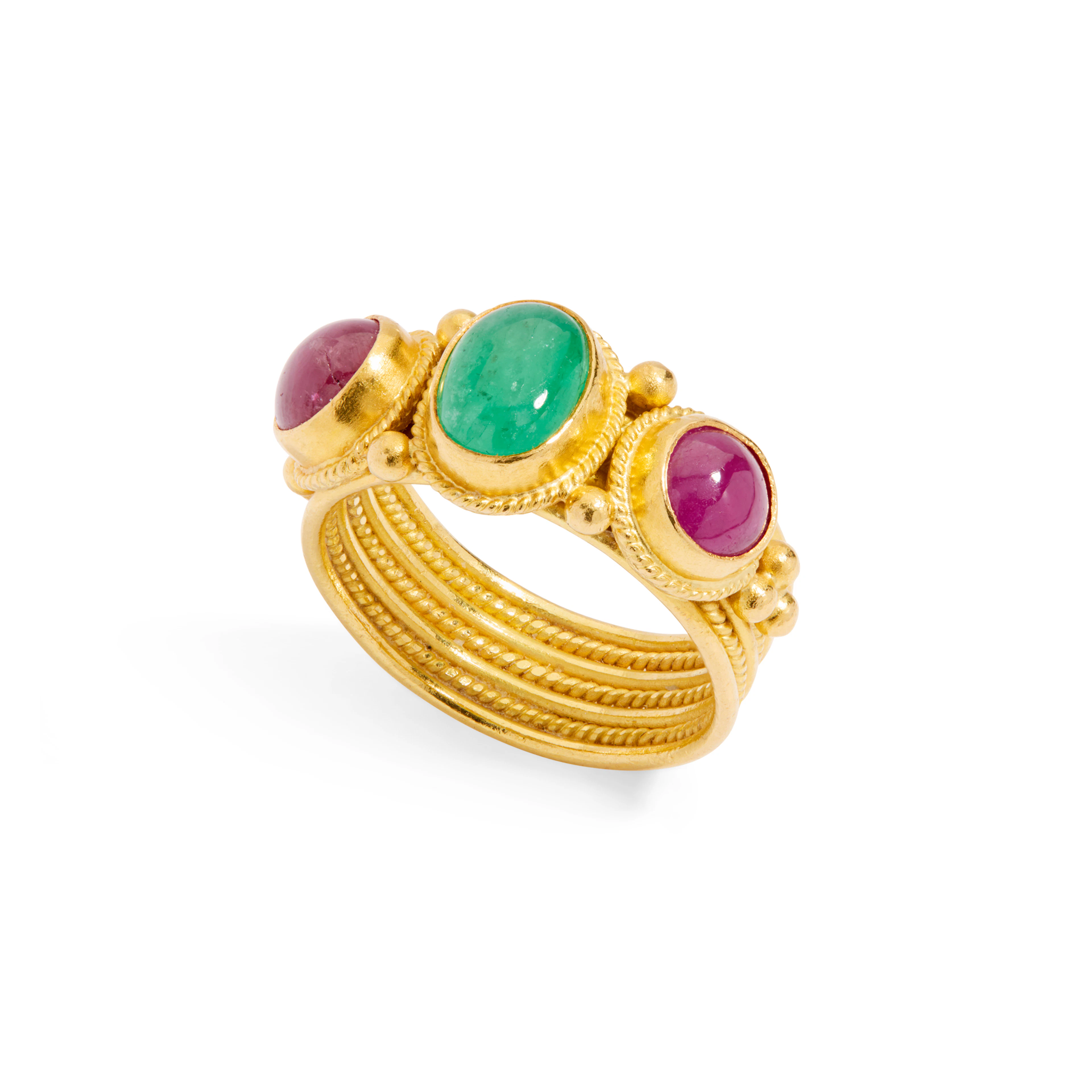 An emerald and ruby ring