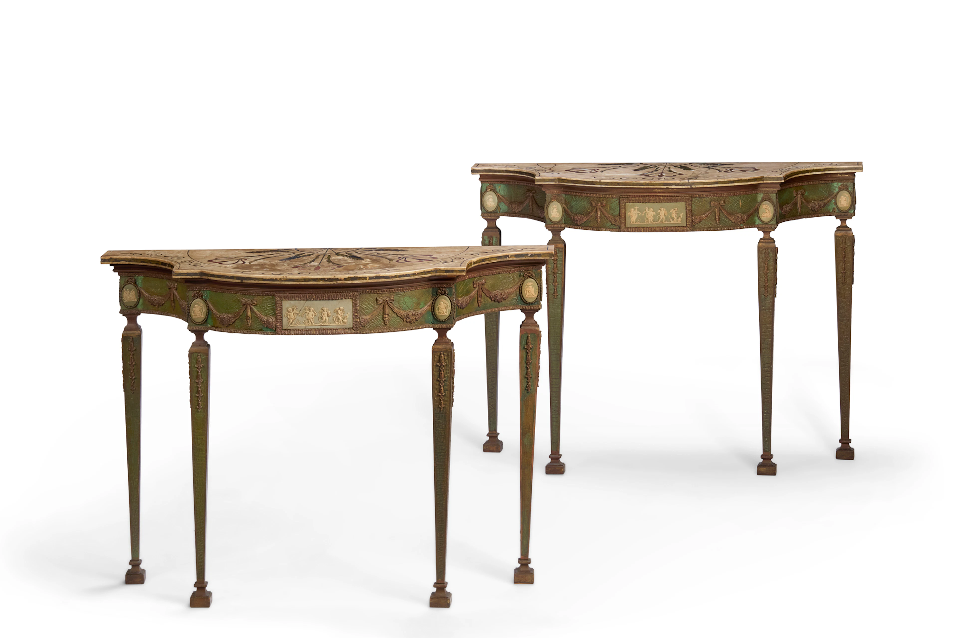 PAIR OF GEORGE III STYLE MARBLE, SCAGLIOLA, PAINTED, AND JASPERWARE