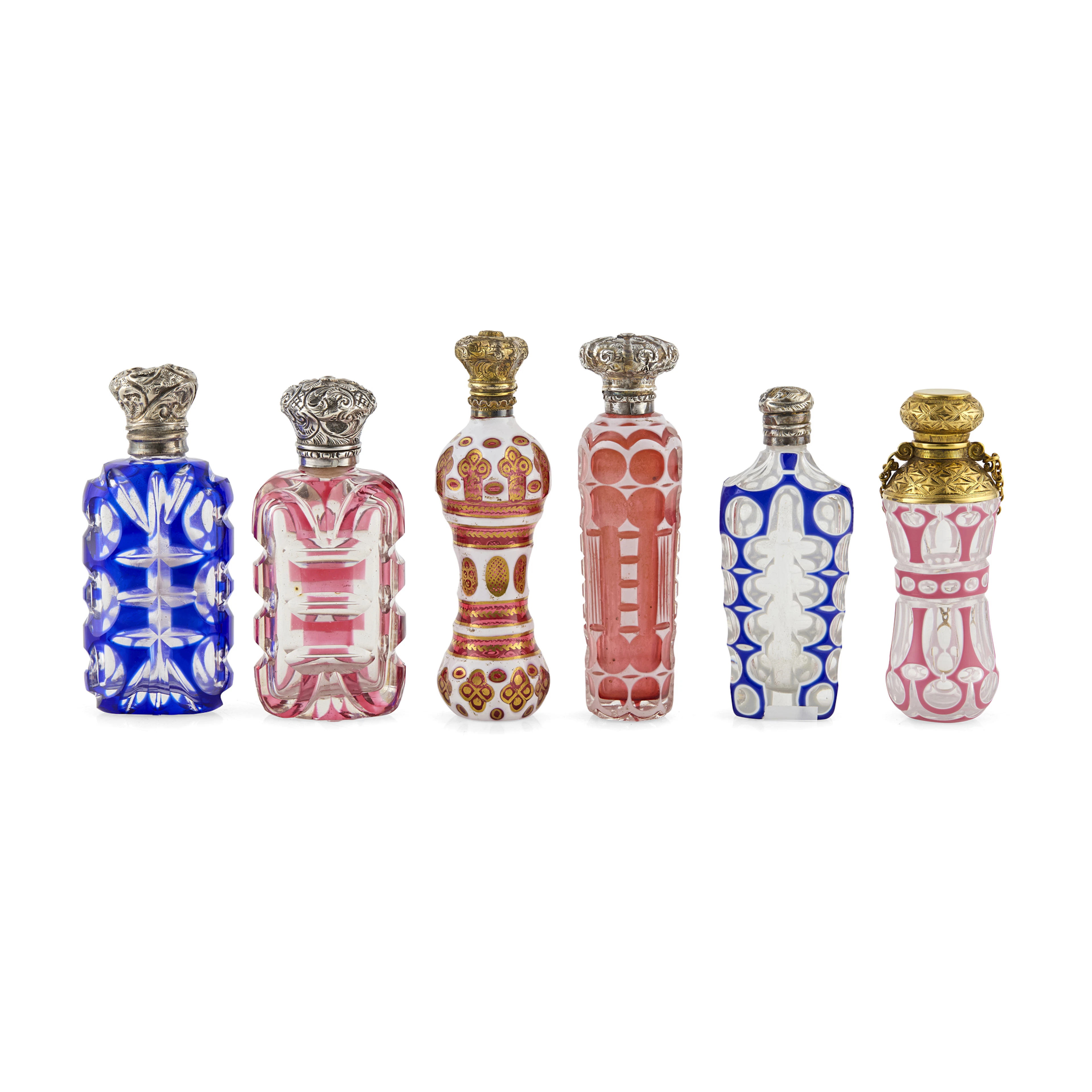 SIX VARIOUS COLOURED GLASS SCENT BOTTLES INCLUDING BOHEMIAN EXAMPLES